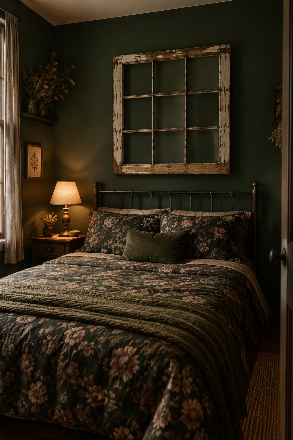 A small bedroom with a bed beneath an old wooden window frame mounted on the wall.