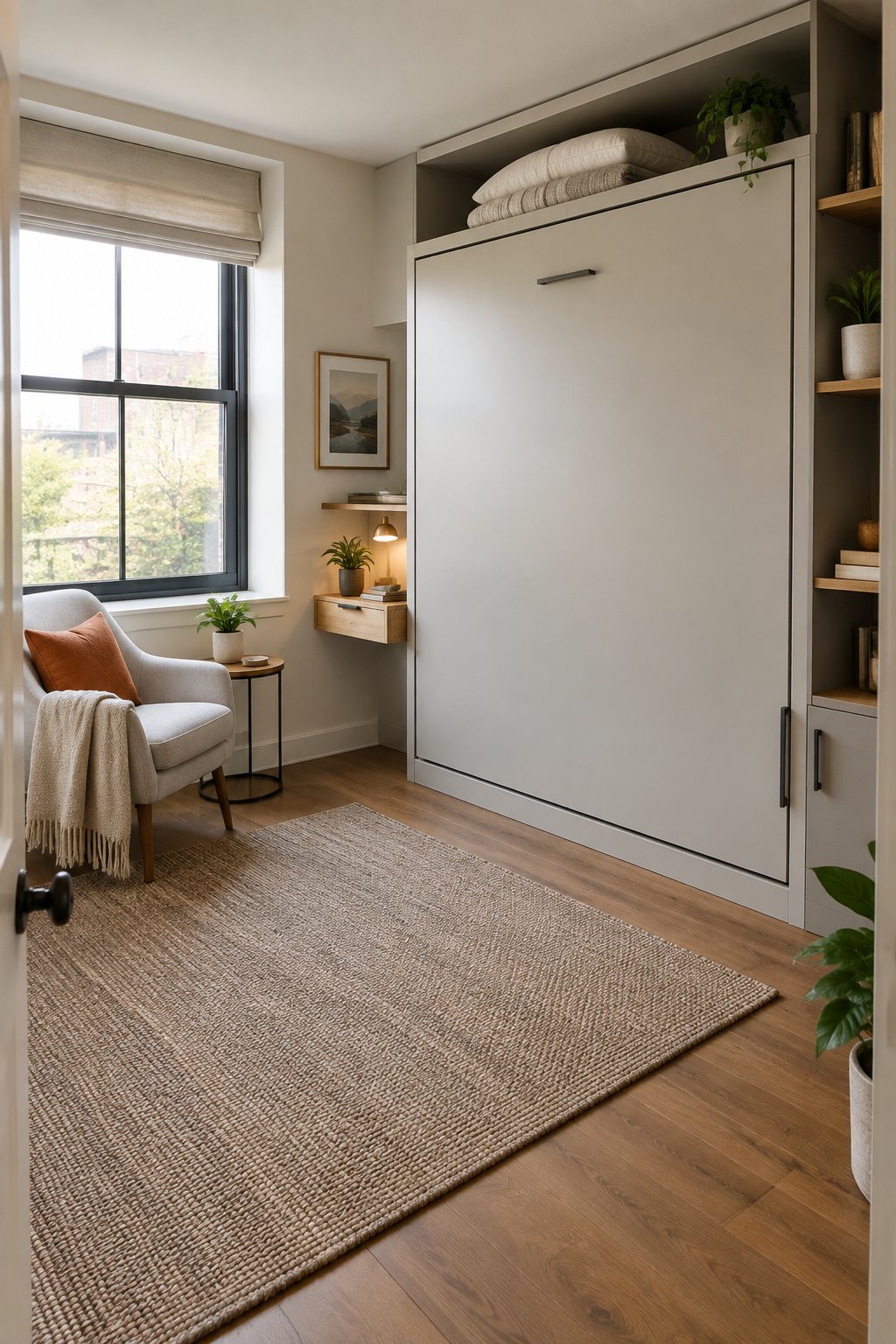 A folded-up Murphy bed in a small bedroom with open floor space.