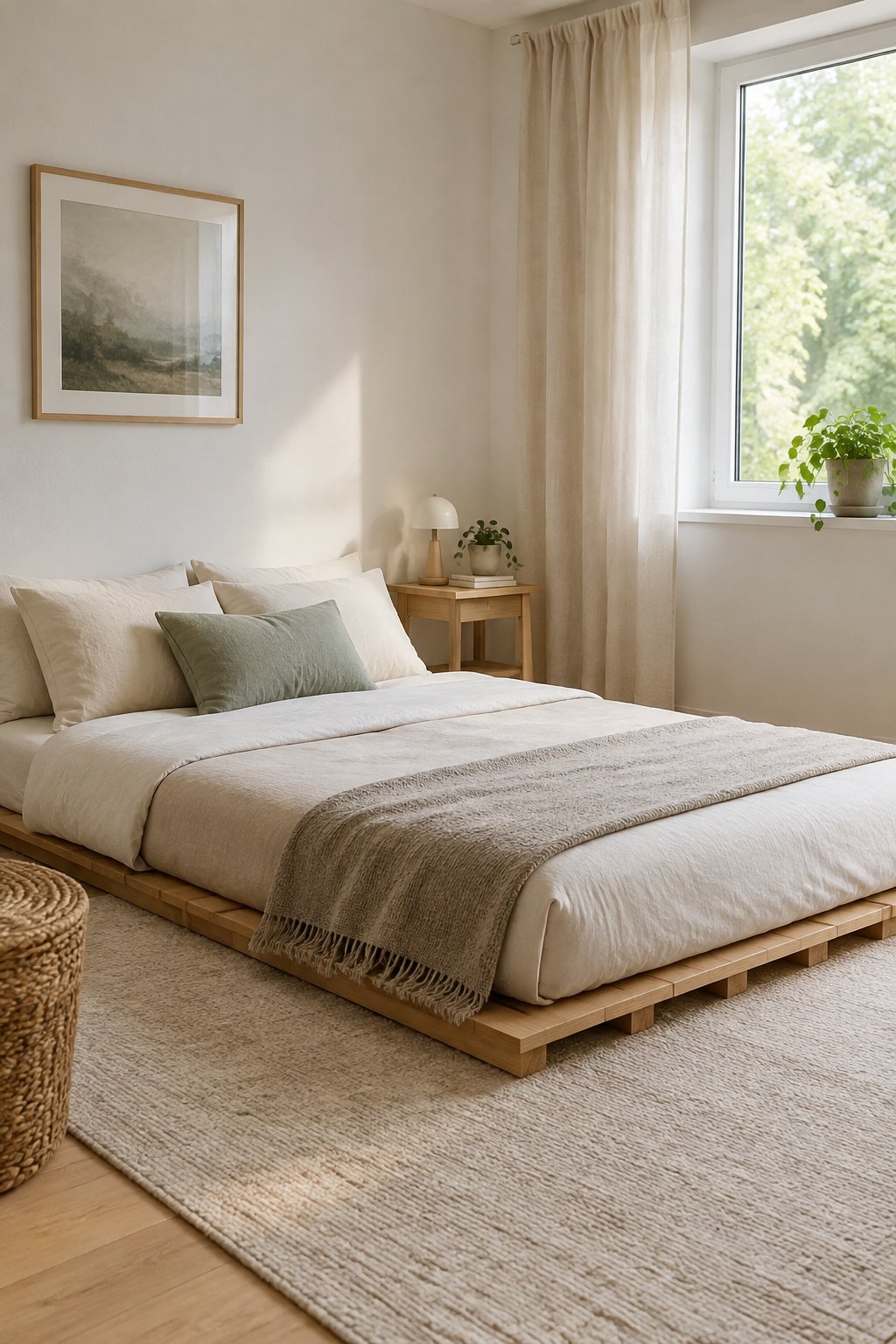 A low mattress on a slatted wooden base in a small bedroom.