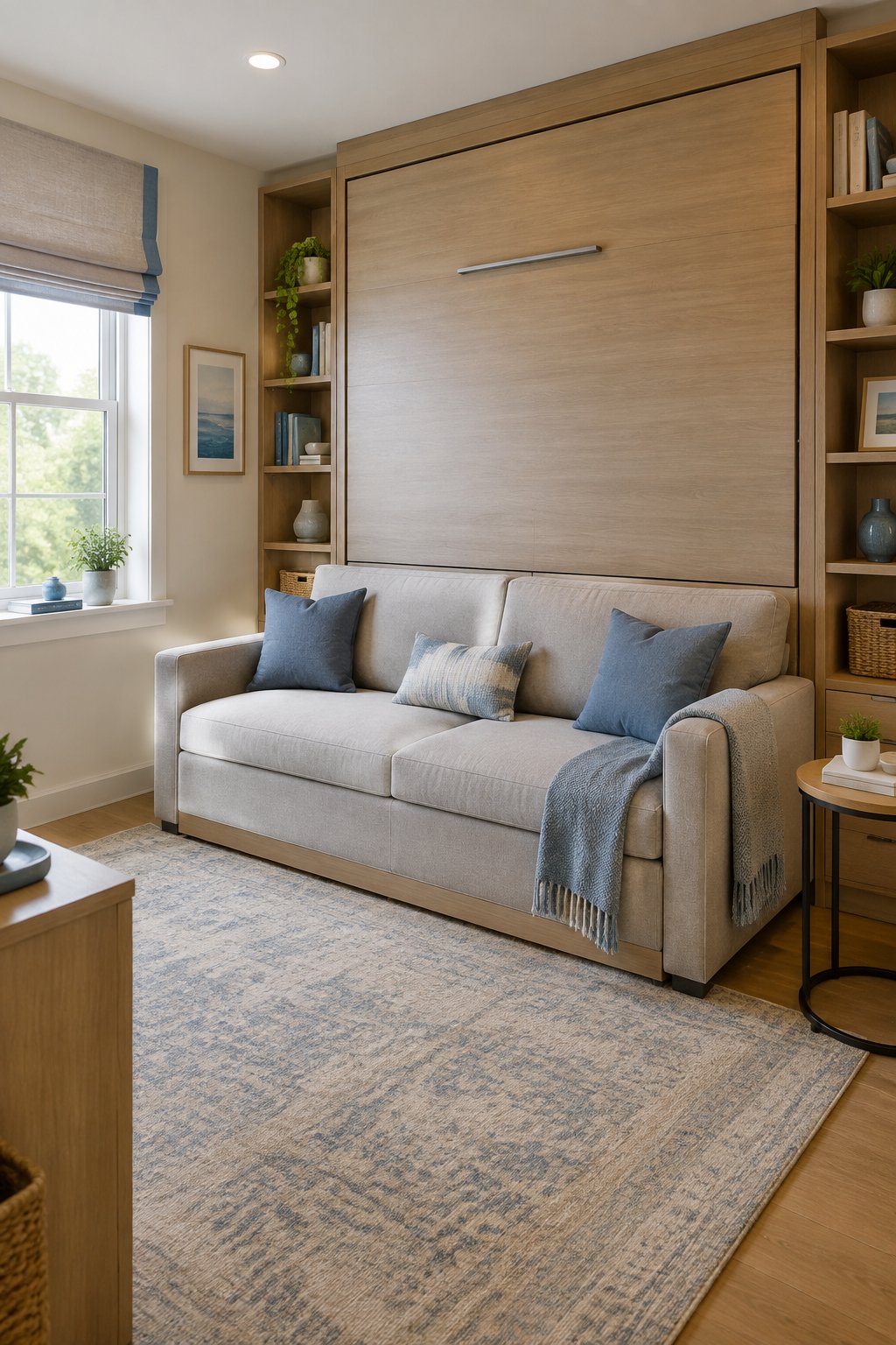 A sofa sits beneath a folded-up Murphy bed in a small room.