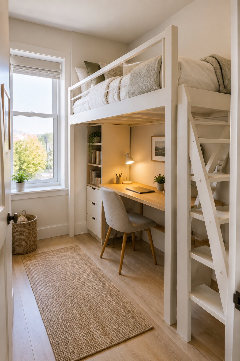 A small bedroom with a raised sleeping platform and a desk underneath.