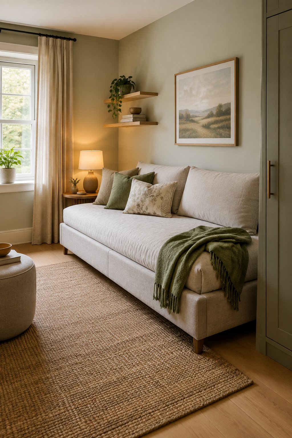 A daybed arranged like a sofa in a small bedroom.