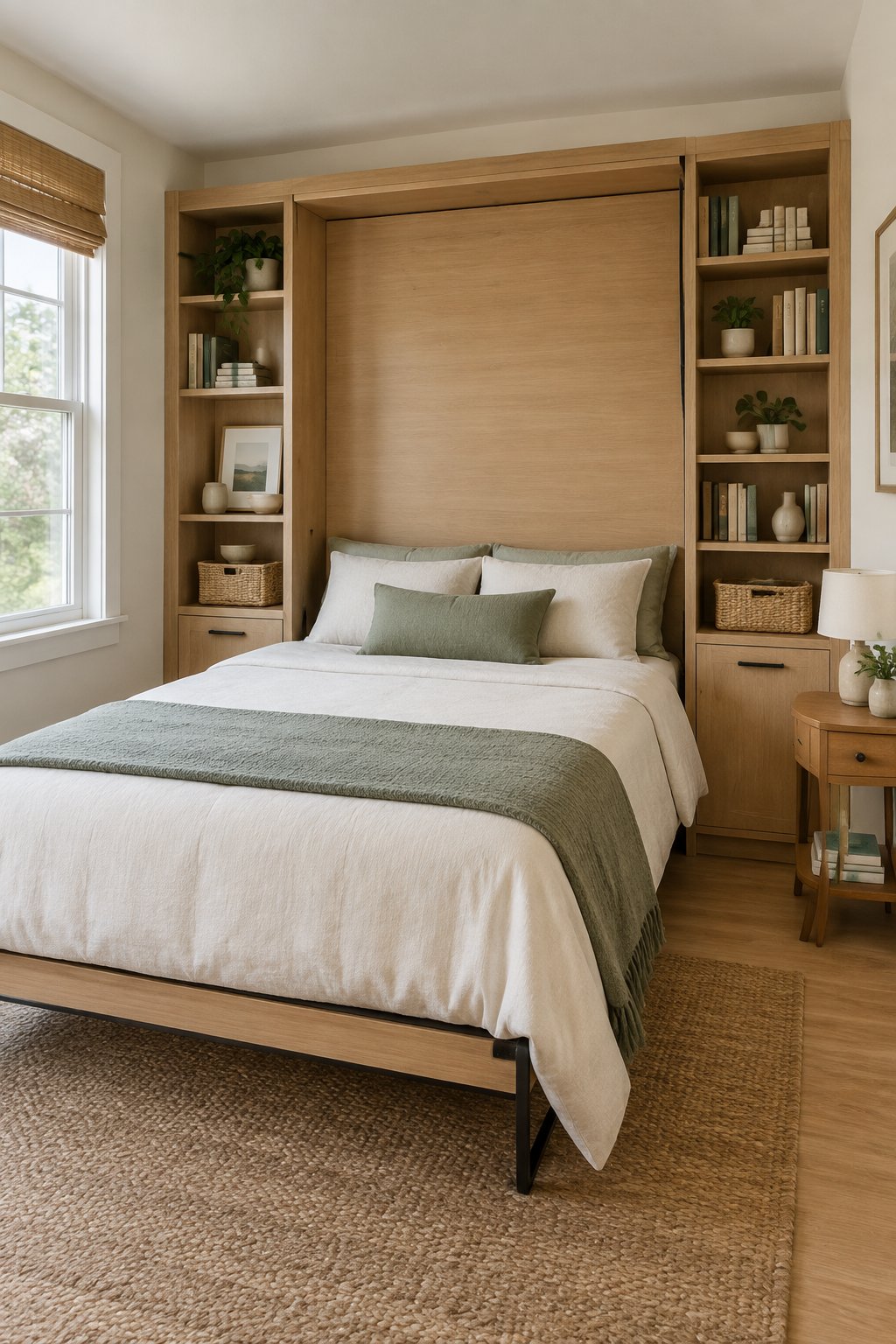 A compact bedroom with a fold-down bed and built-in bookshelves.