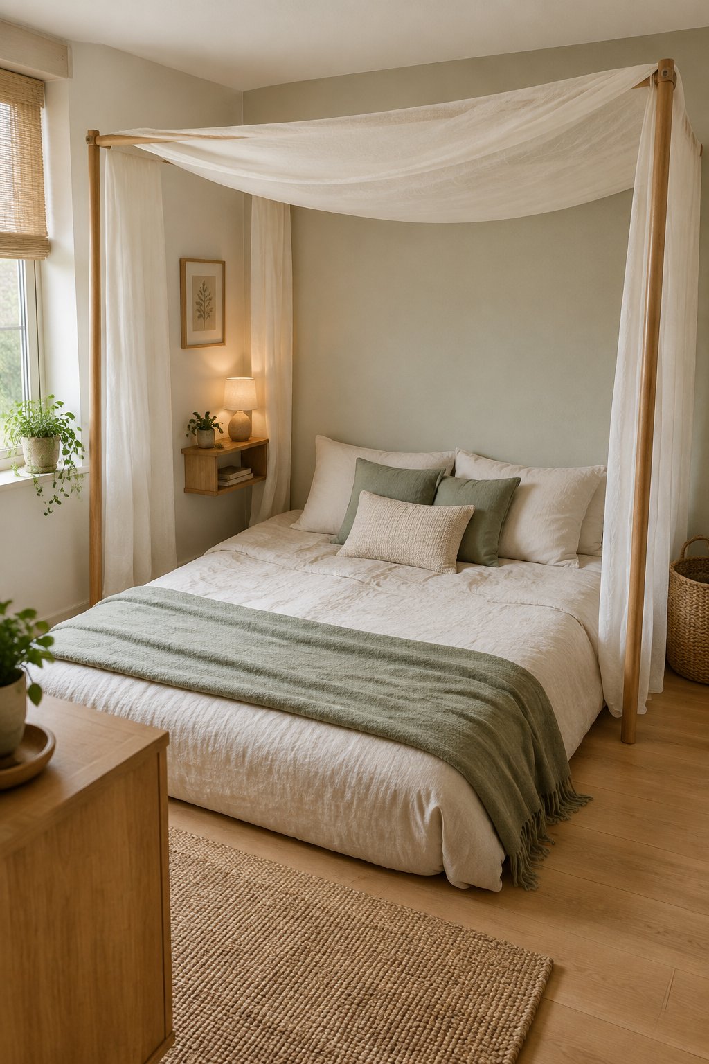 A low floor bed beneath a simple canopy in a small bedroom.