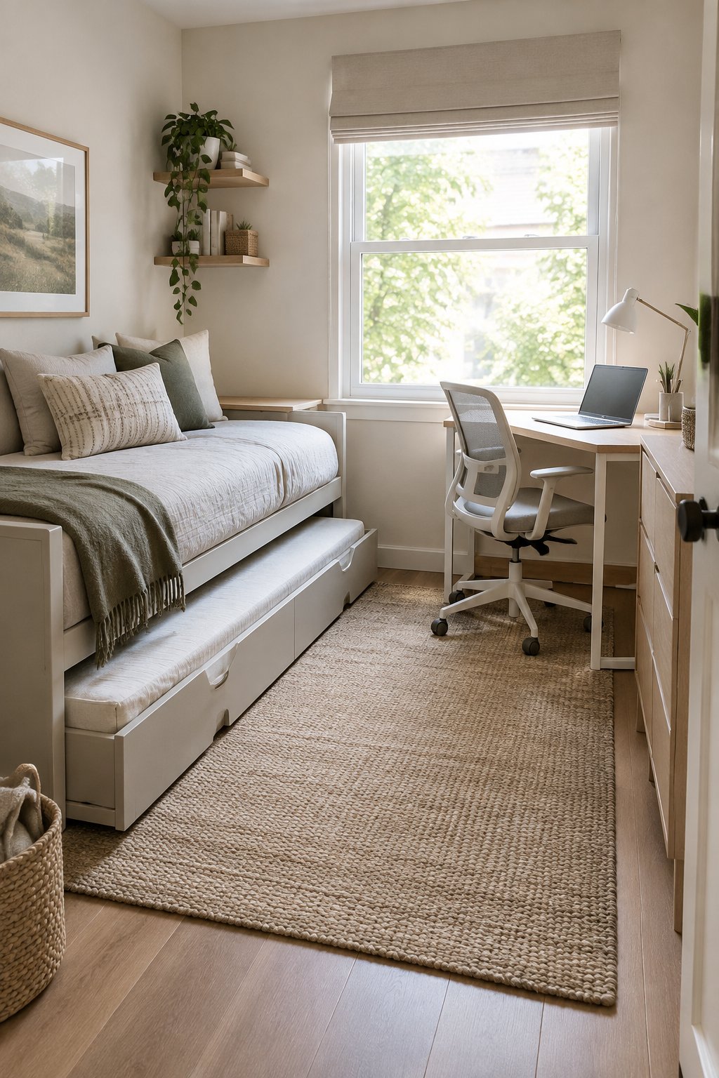A compact bedroom with a trundle bed and a small home office.