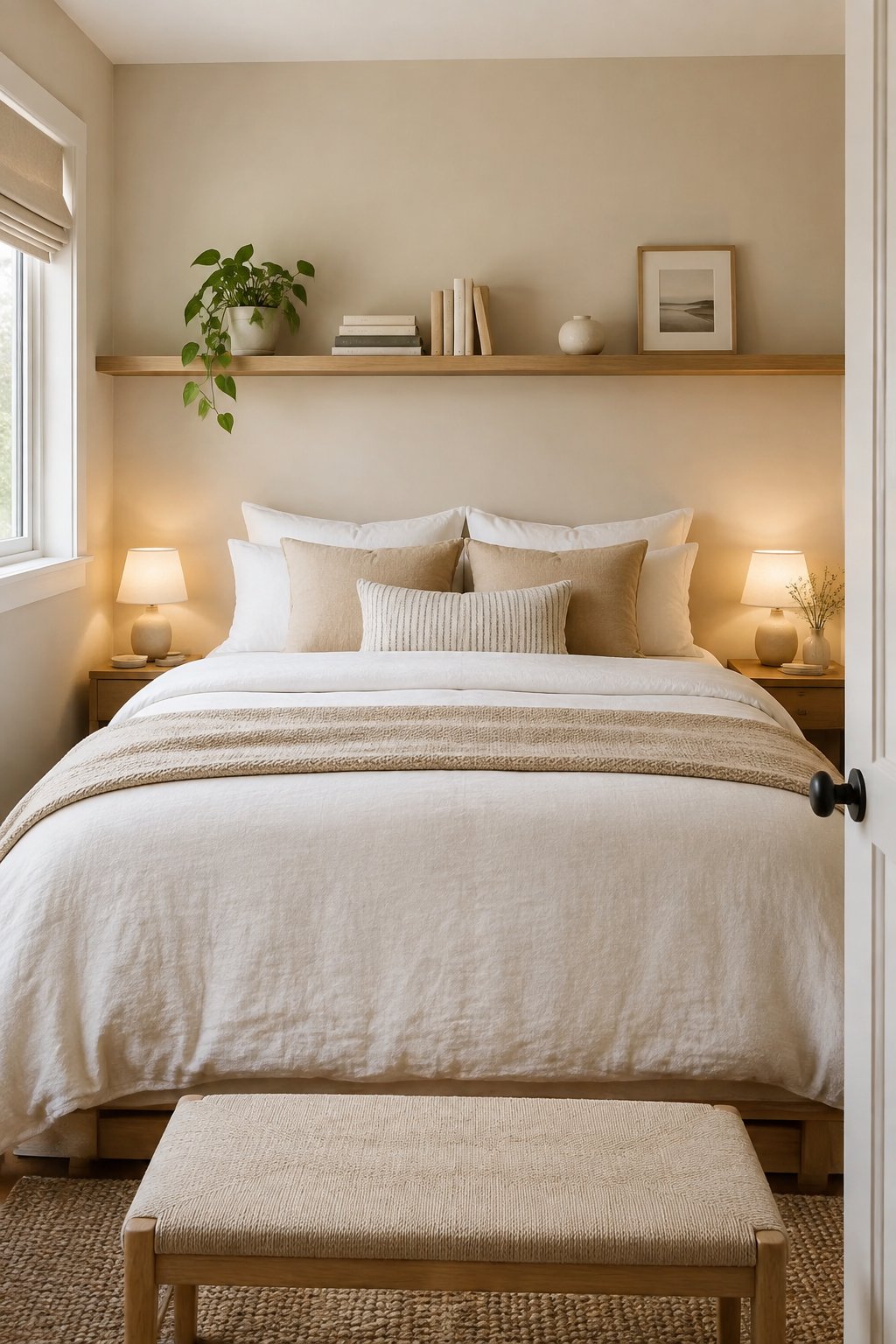 A neatly made bed beneath a wall-mounted shelf decorated with books and a small plant.