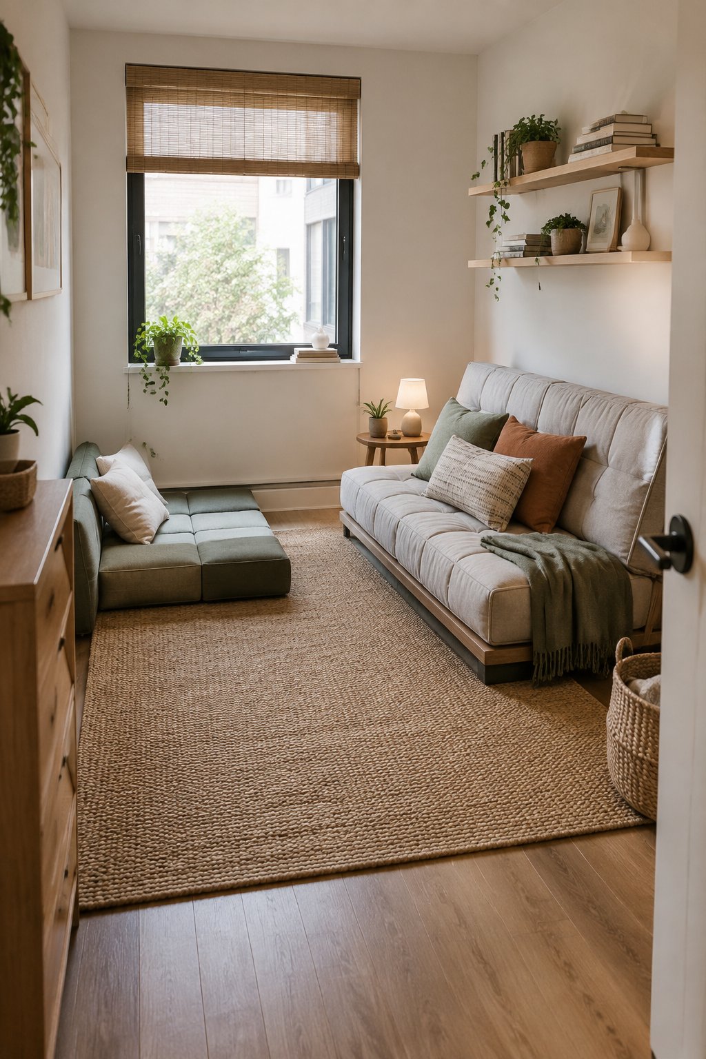 A small bedroom with a folded futon and modular floor cushions.