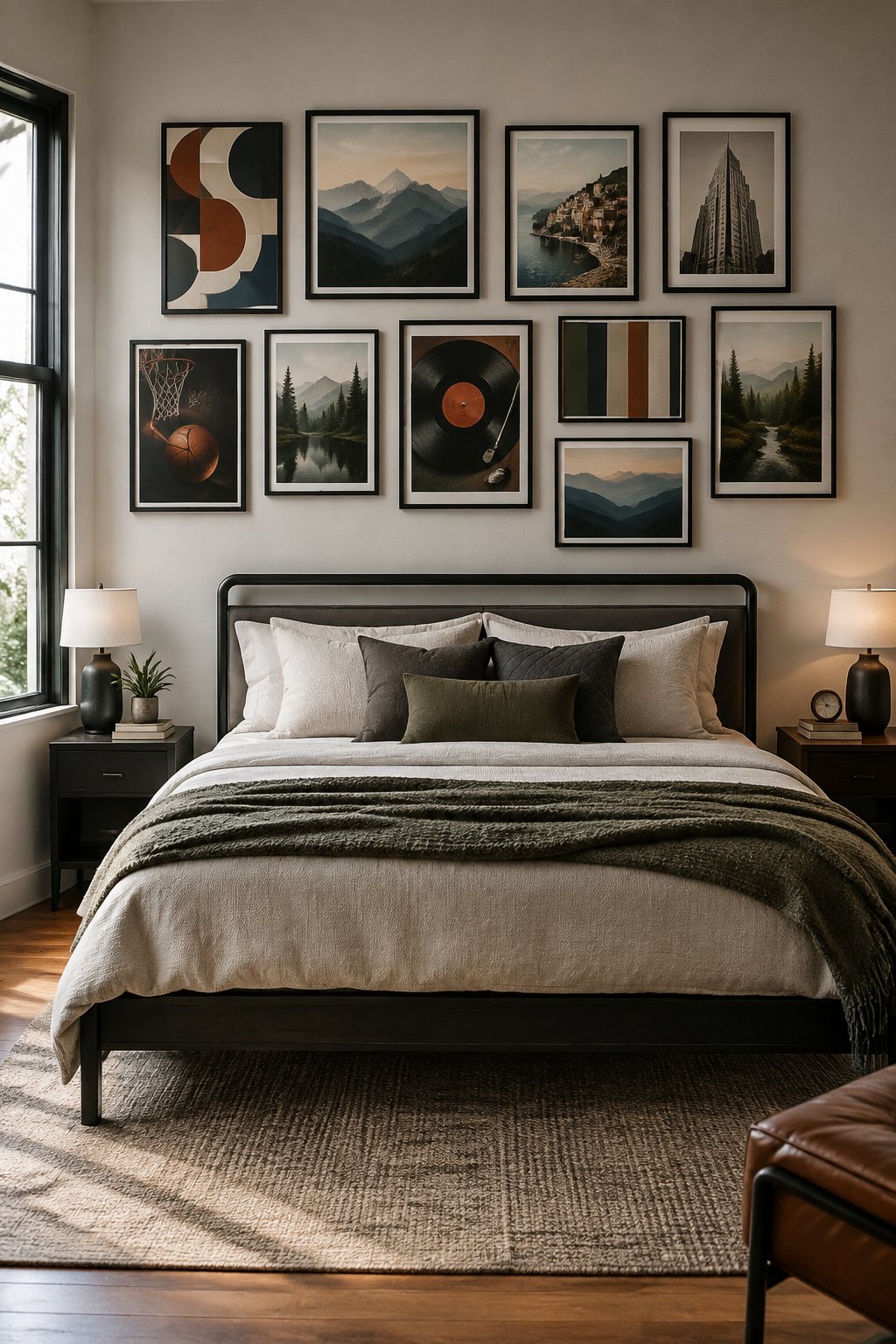 A neatly made bed beneath a wall displaying eleven framed art posters.