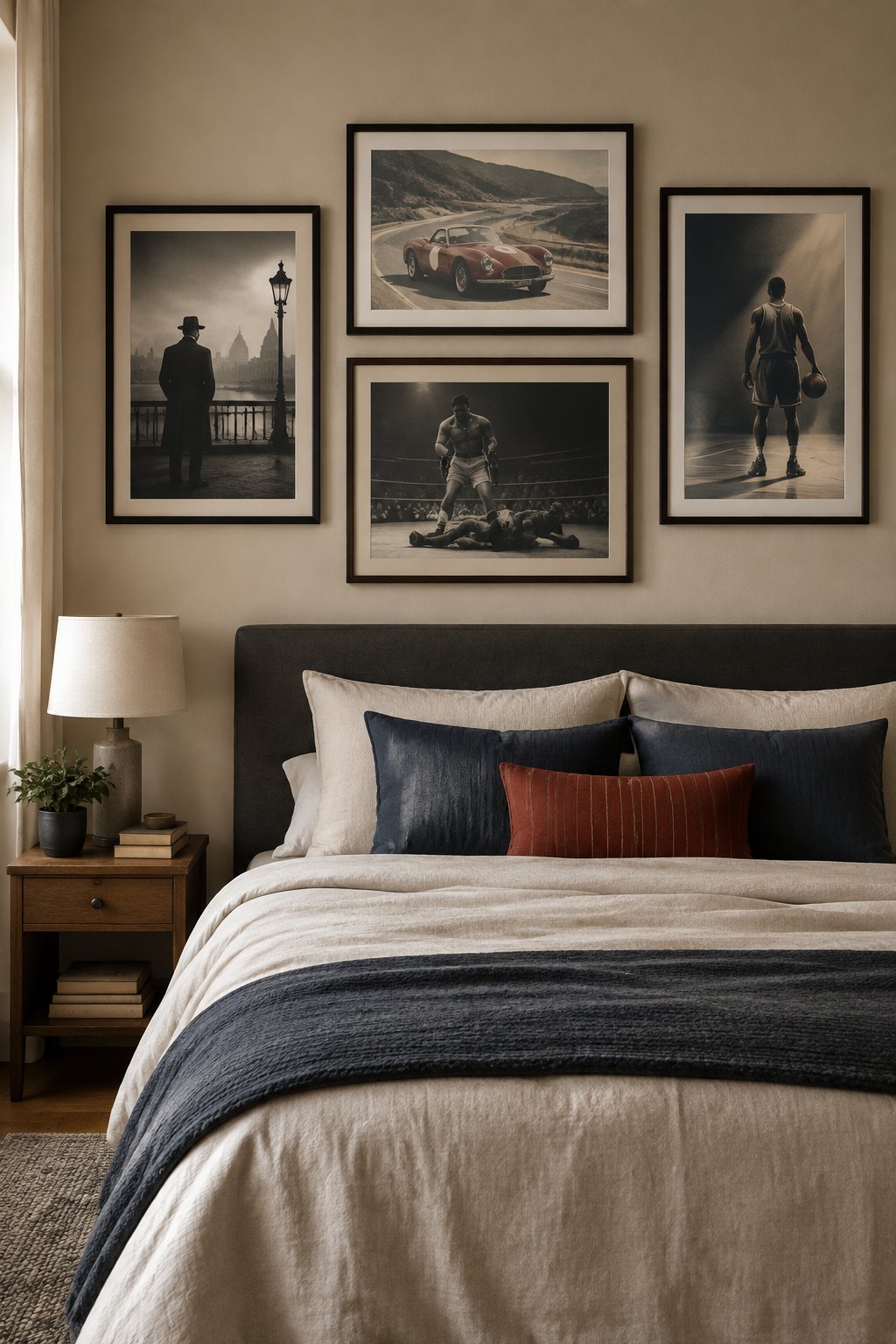 A neatly made bed beneath framed vintage-style movie and sports artwork.