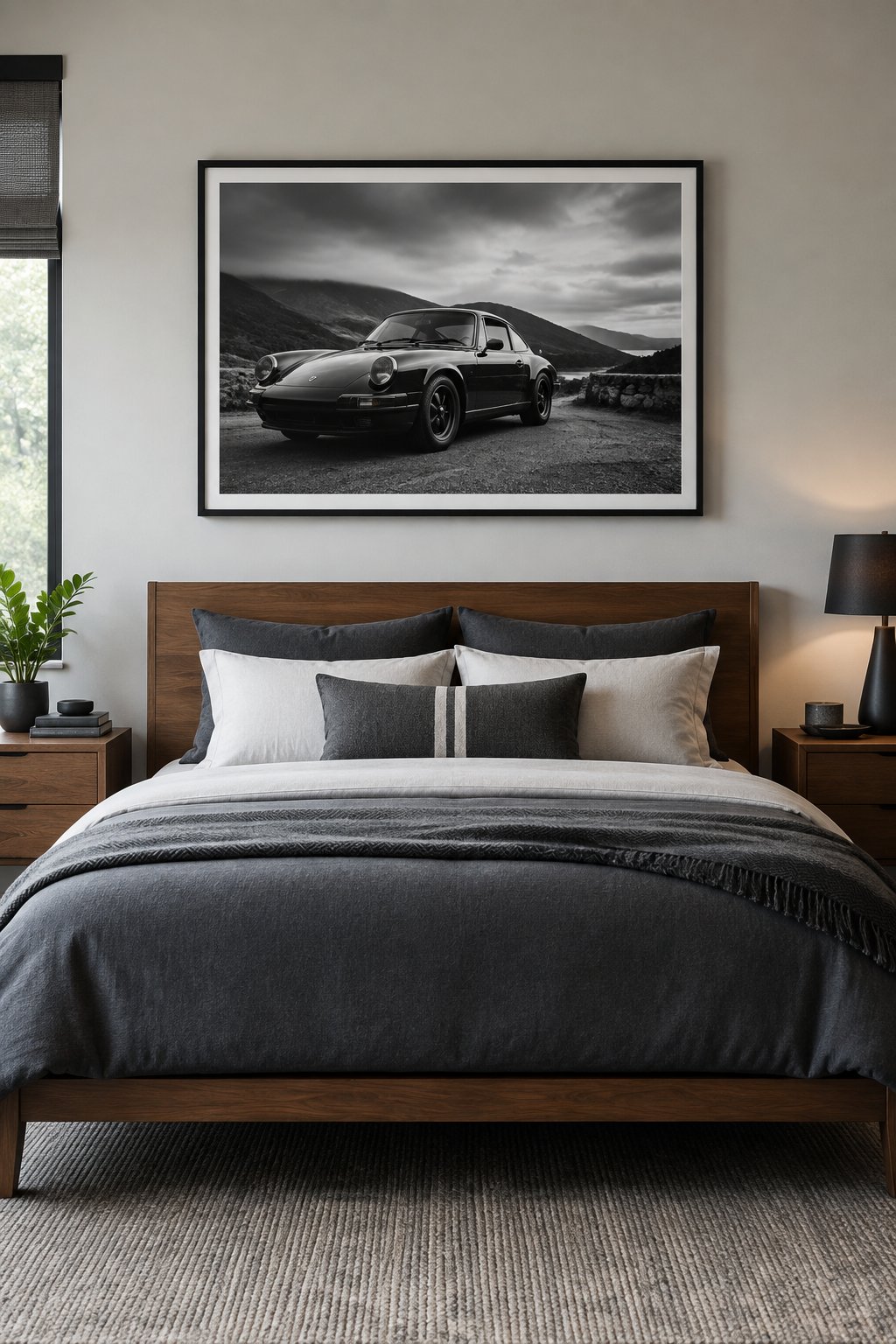 A framed black-and-white sports car photograph hangs above a neatly made bed.