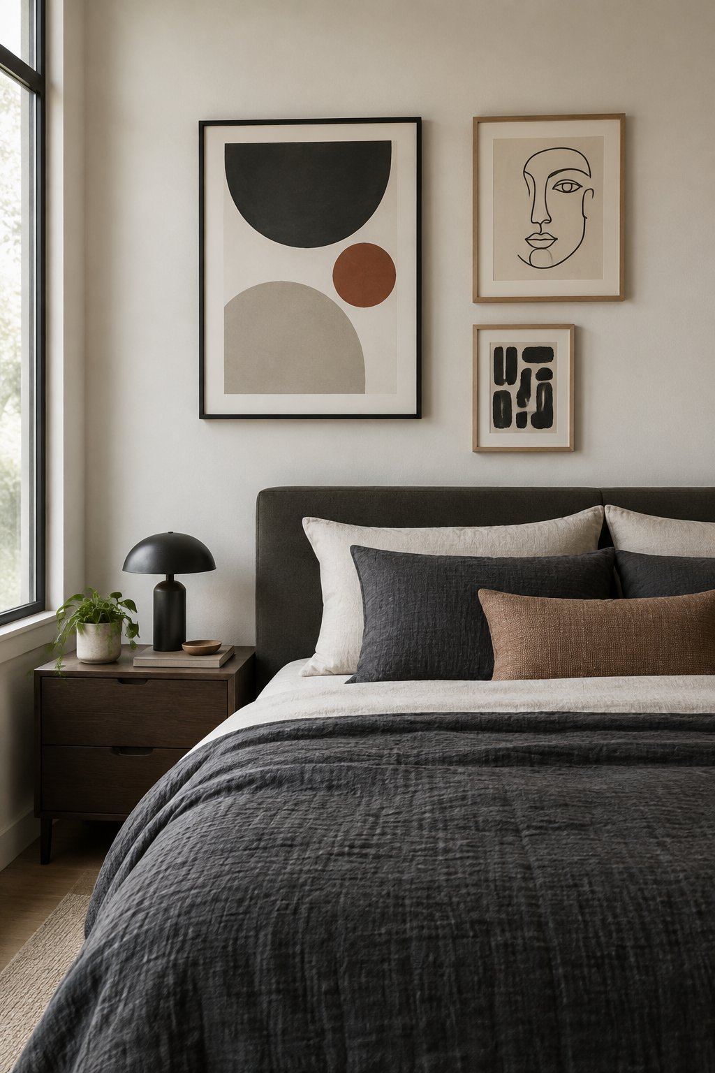 A neatly made bed beneath three framed abstract artworks.
