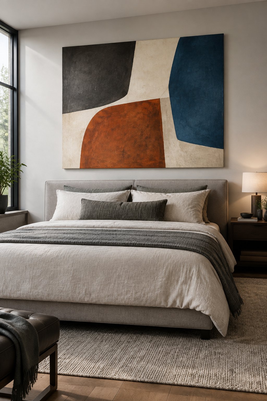A large abstract poster hangs above a neatly made bed in a modern bedroom.