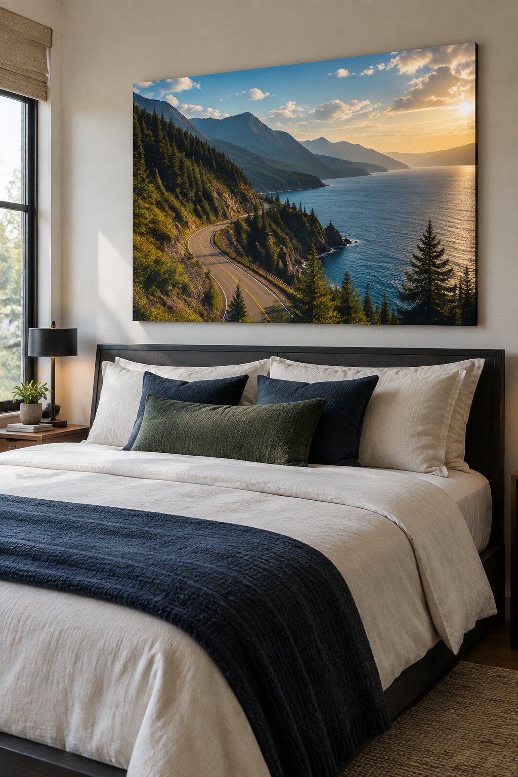 A bedroom with a scenic mountain and coastal landscape poster above the bed.
