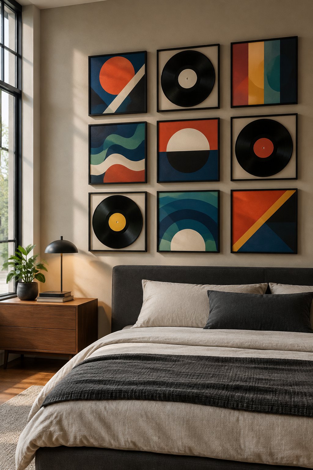 Framed vinyl records arranged on the wall above a bed in a bedroom.