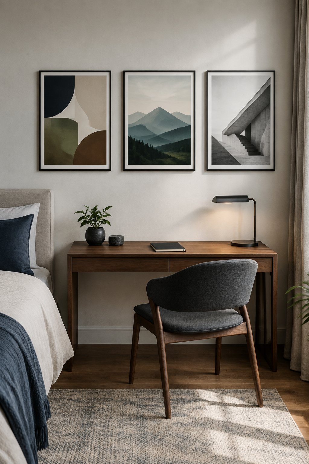 Three framed prints hang above a neatly arranged desk in a bedroom.