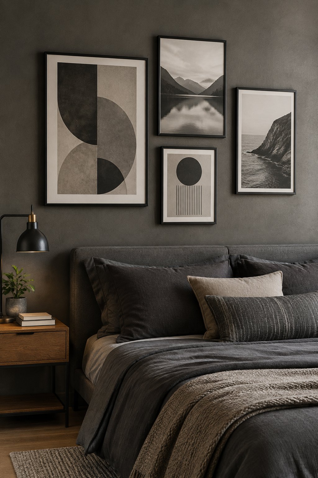 A bedroom with framed artwork on a dark wall above a neatly made bed.