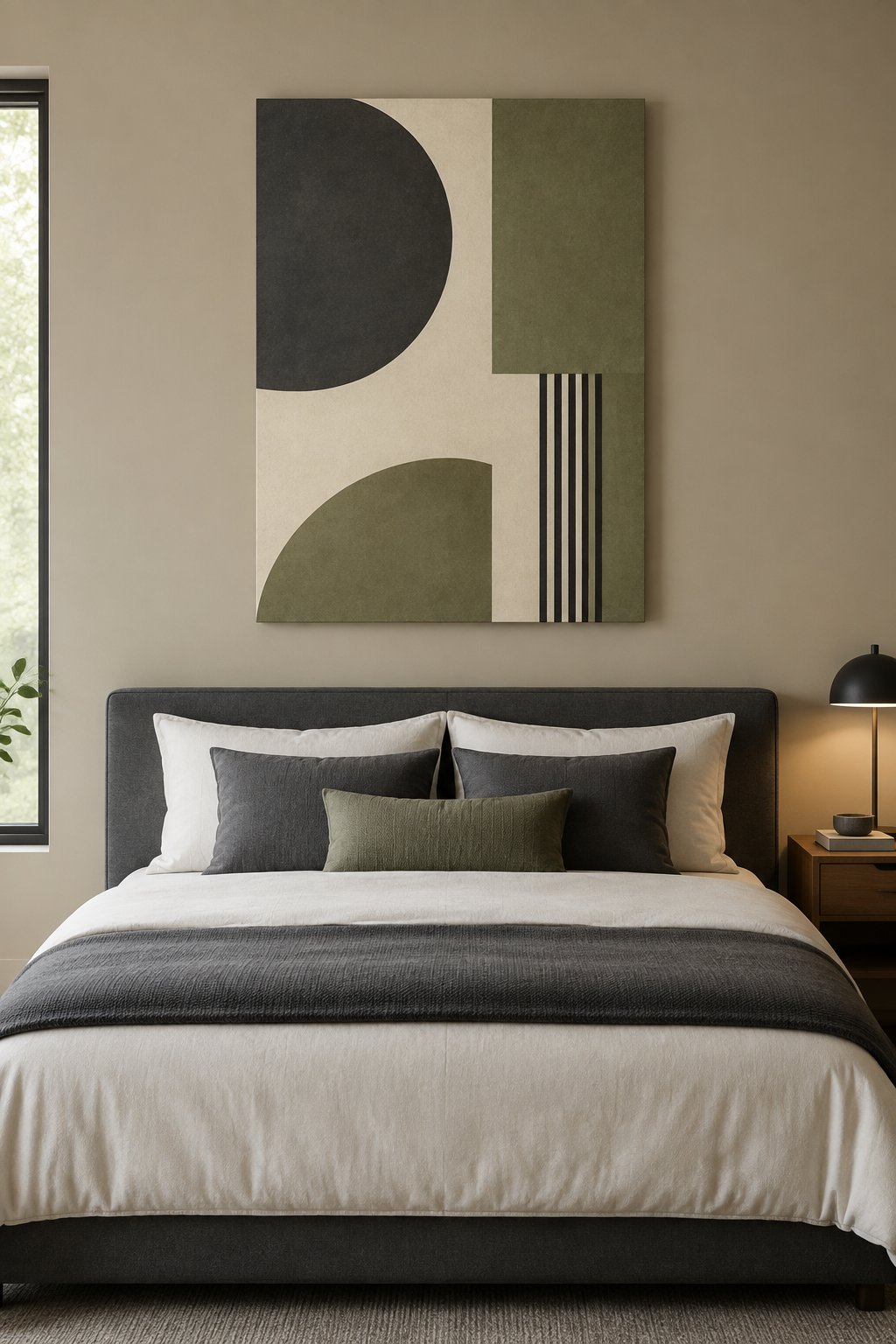A minimalist abstract art print hangs above a neatly made bed.
