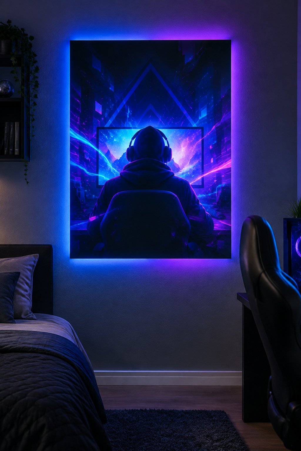 A neon-lit gamer poster hangs on a bedroom wall.