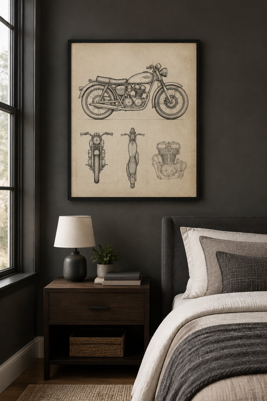 A framed motorcycle illustration hangs above a bedside table in a bedroom.