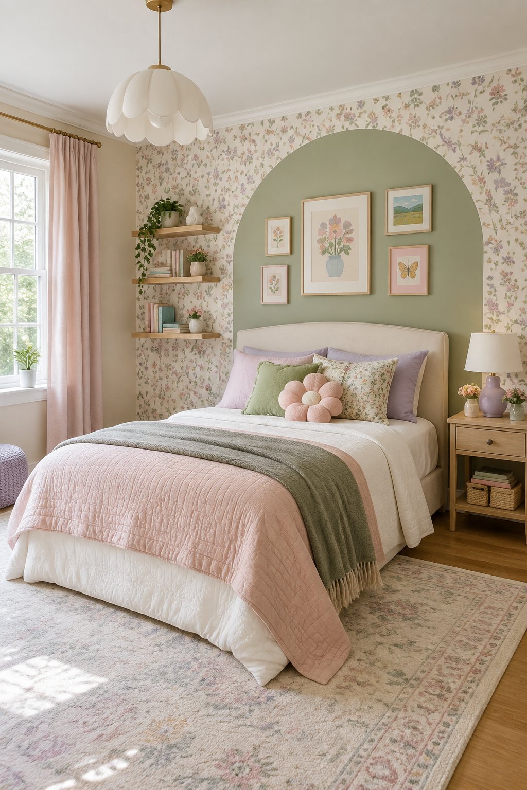 A girls’ bedroom with a decorated accent wall, a bed, and colorful furnishings.