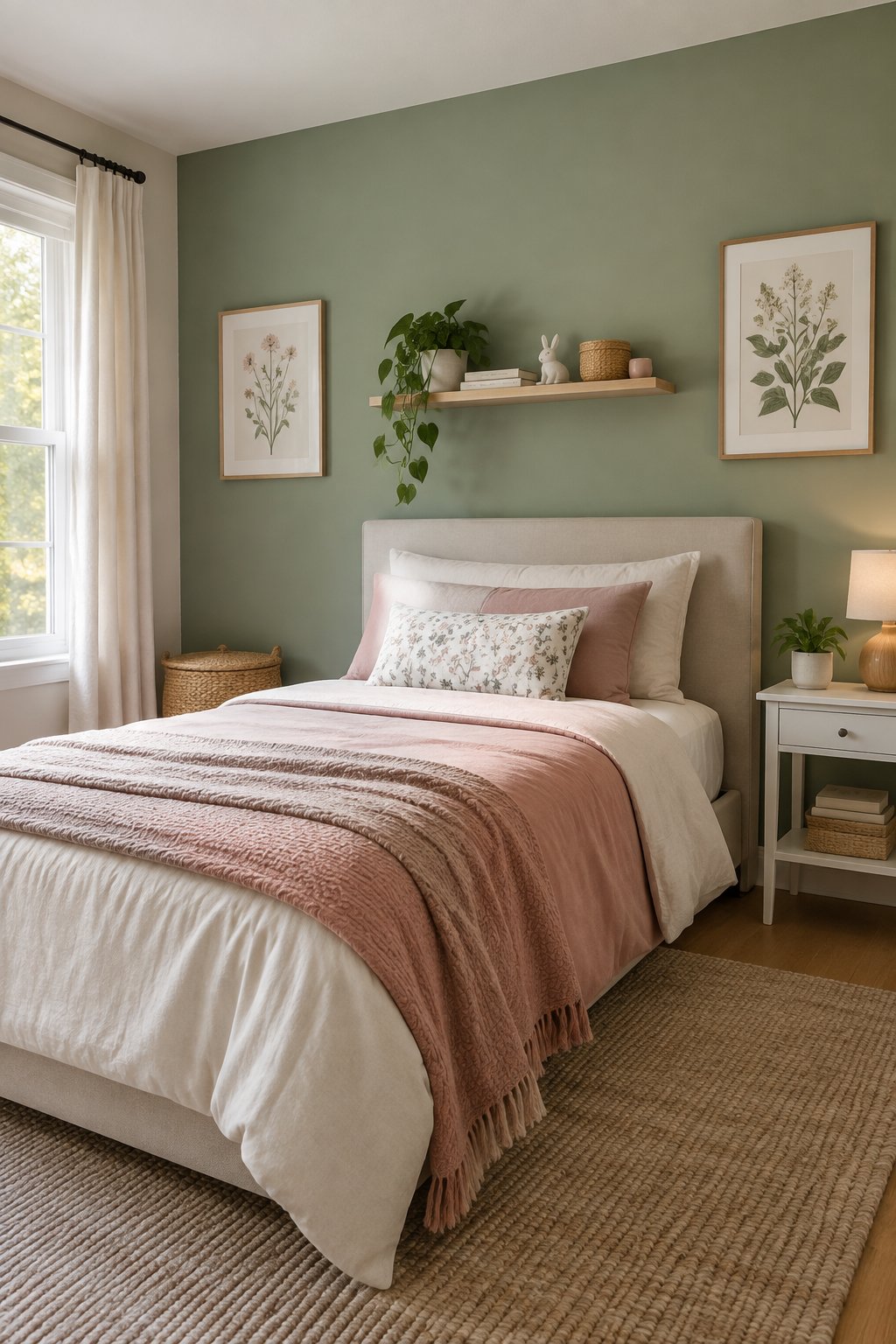 A girls’ bedroom with a sage green accent wall and a neatly made bed.