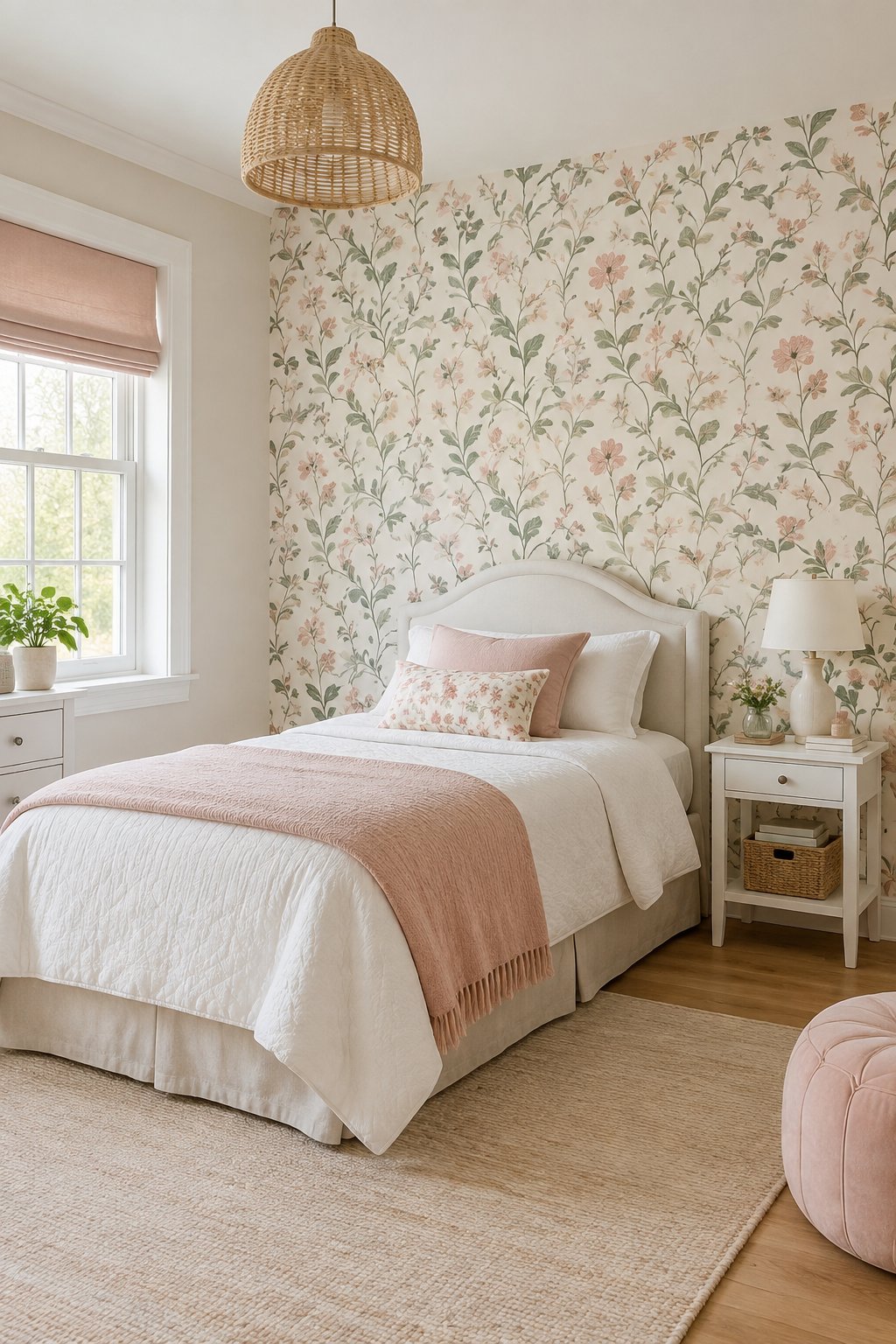 A girl's bedroom with a bed beside a floral wallpaper accent wall.
