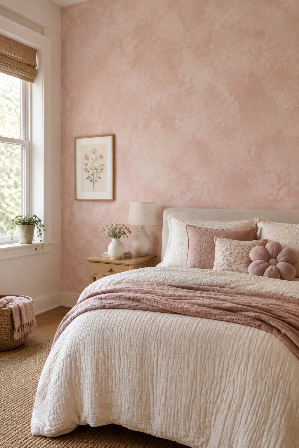 A girl's bedroom with a pink textured accent wall behind the bed.