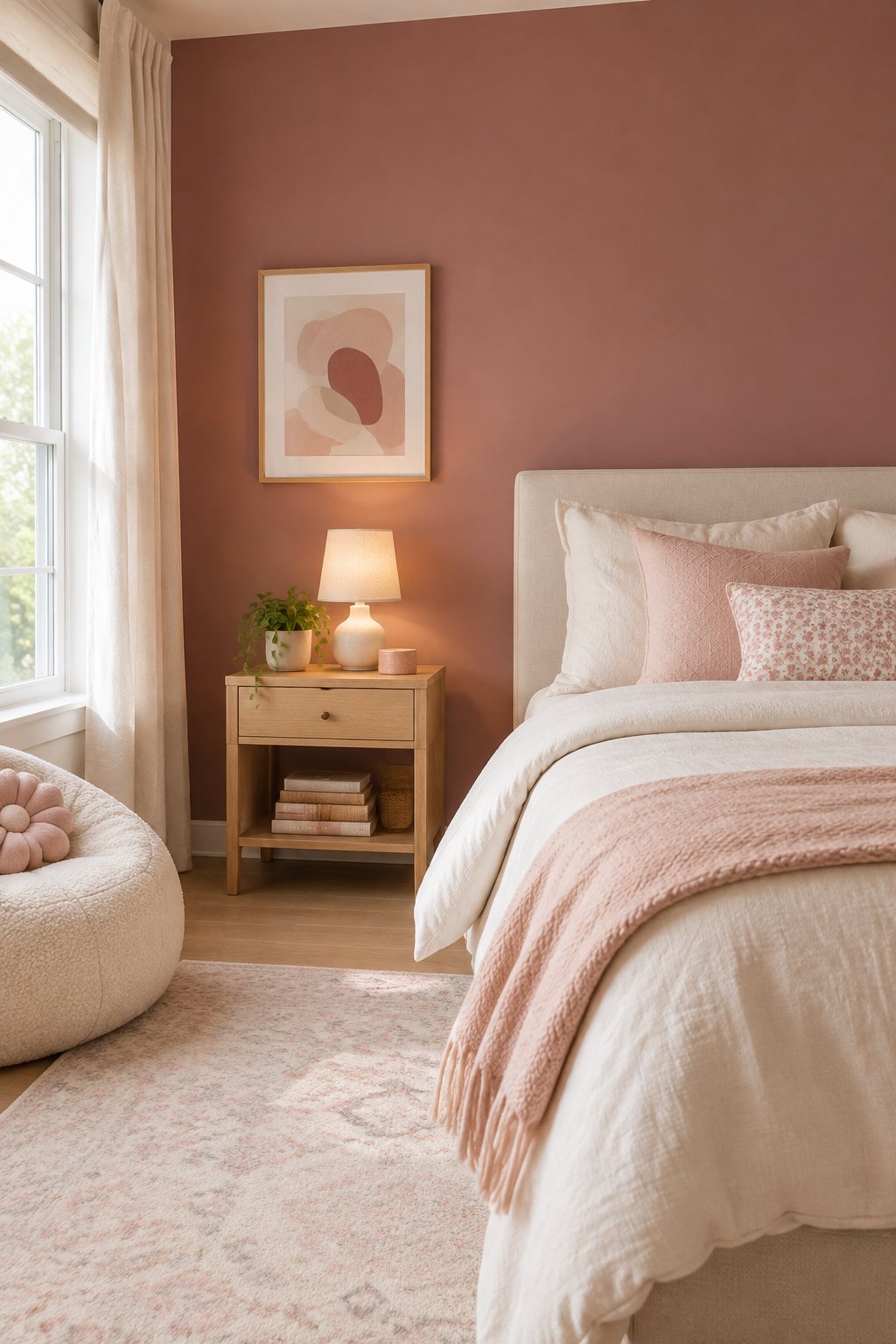 A girl's bedroom with a dusty rose accent wall, a neatly made bed, and a bedside table.
