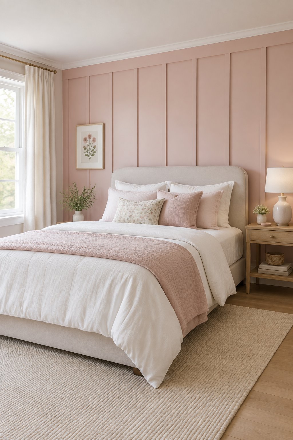 A neatly made bed stands against a soft pink paneled bedroom wall.