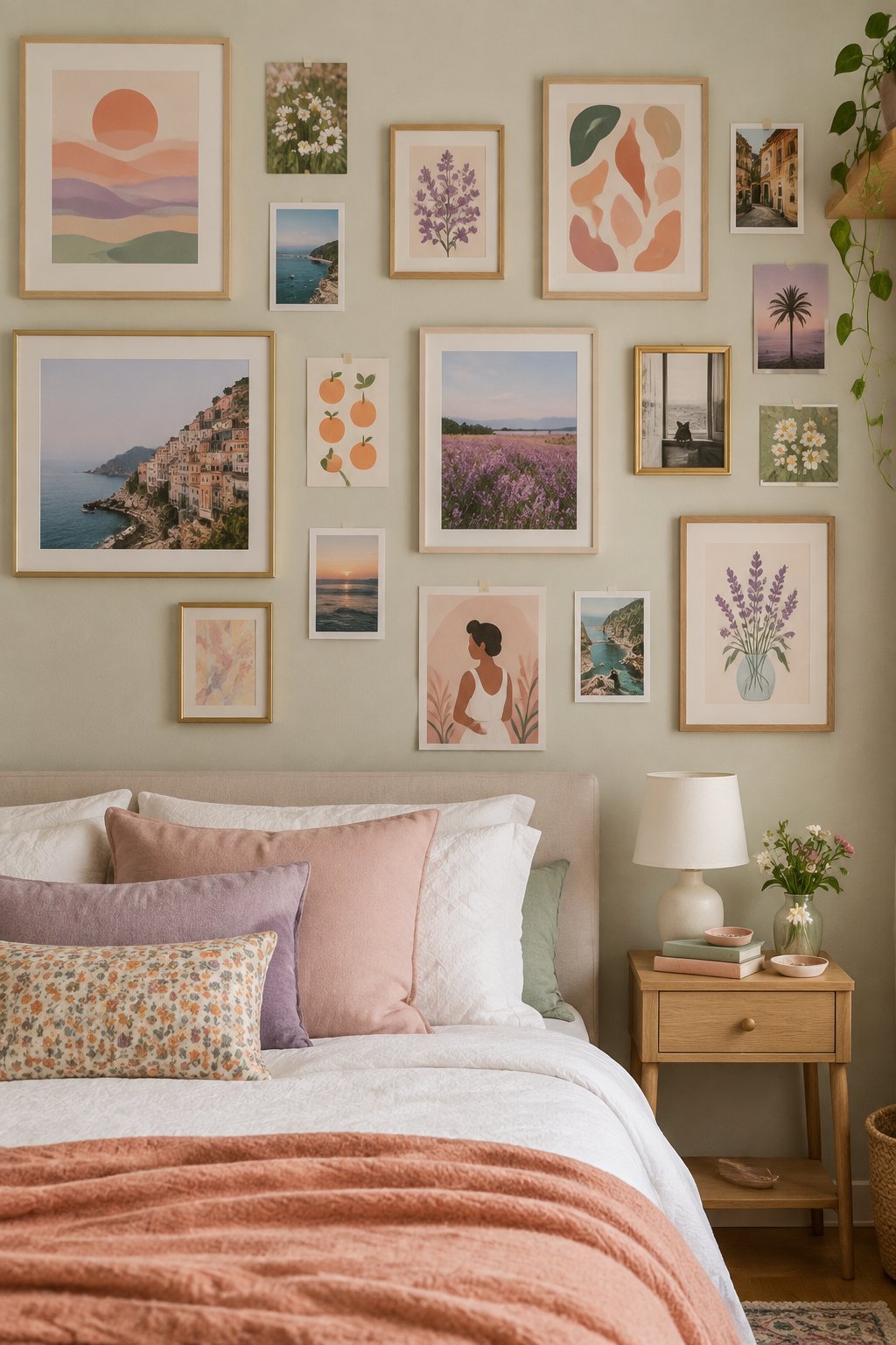 A teen bedroom with a gallery of framed prints and photographs above the bed.