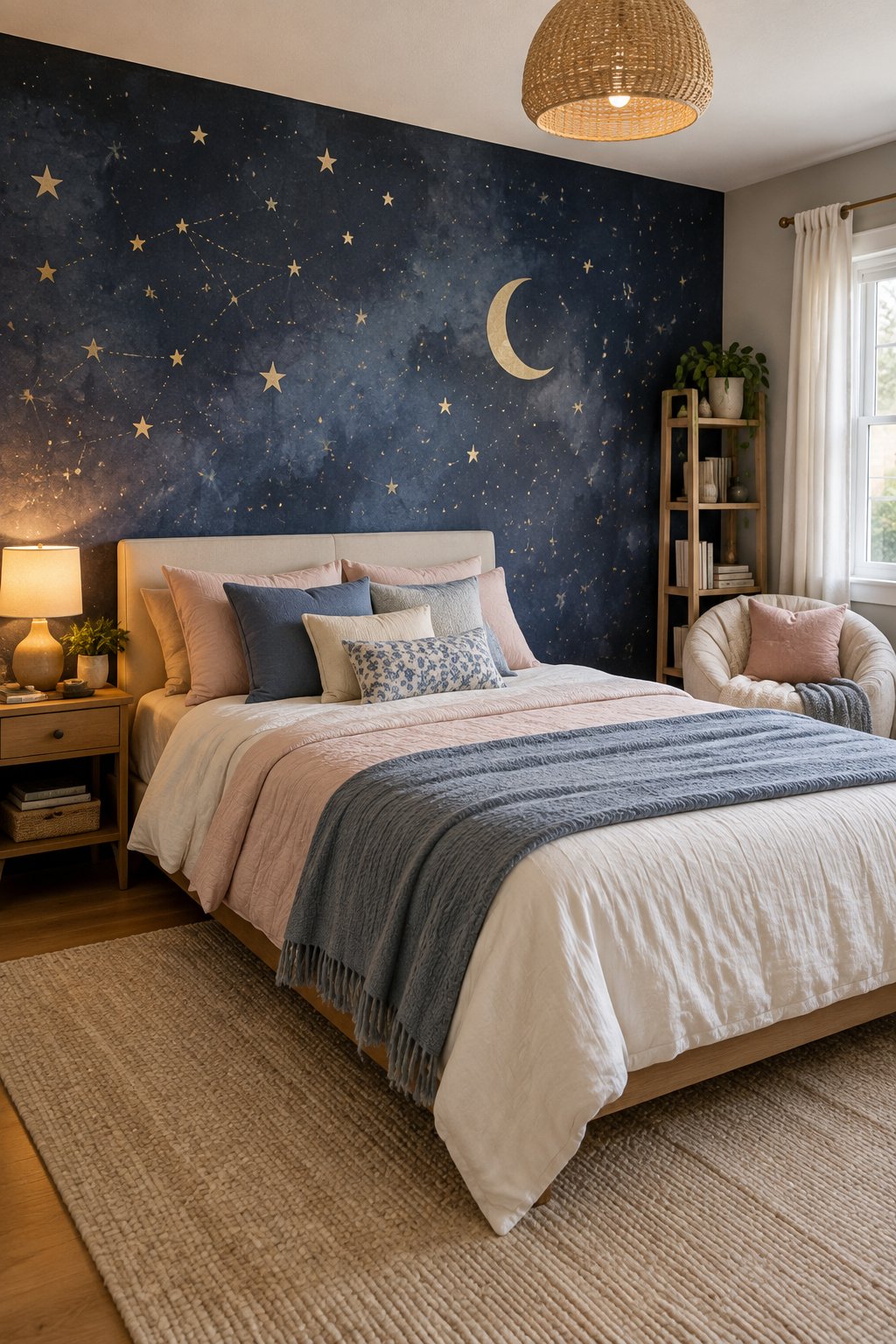 A bedroom with a starry mural above a neatly made bed.