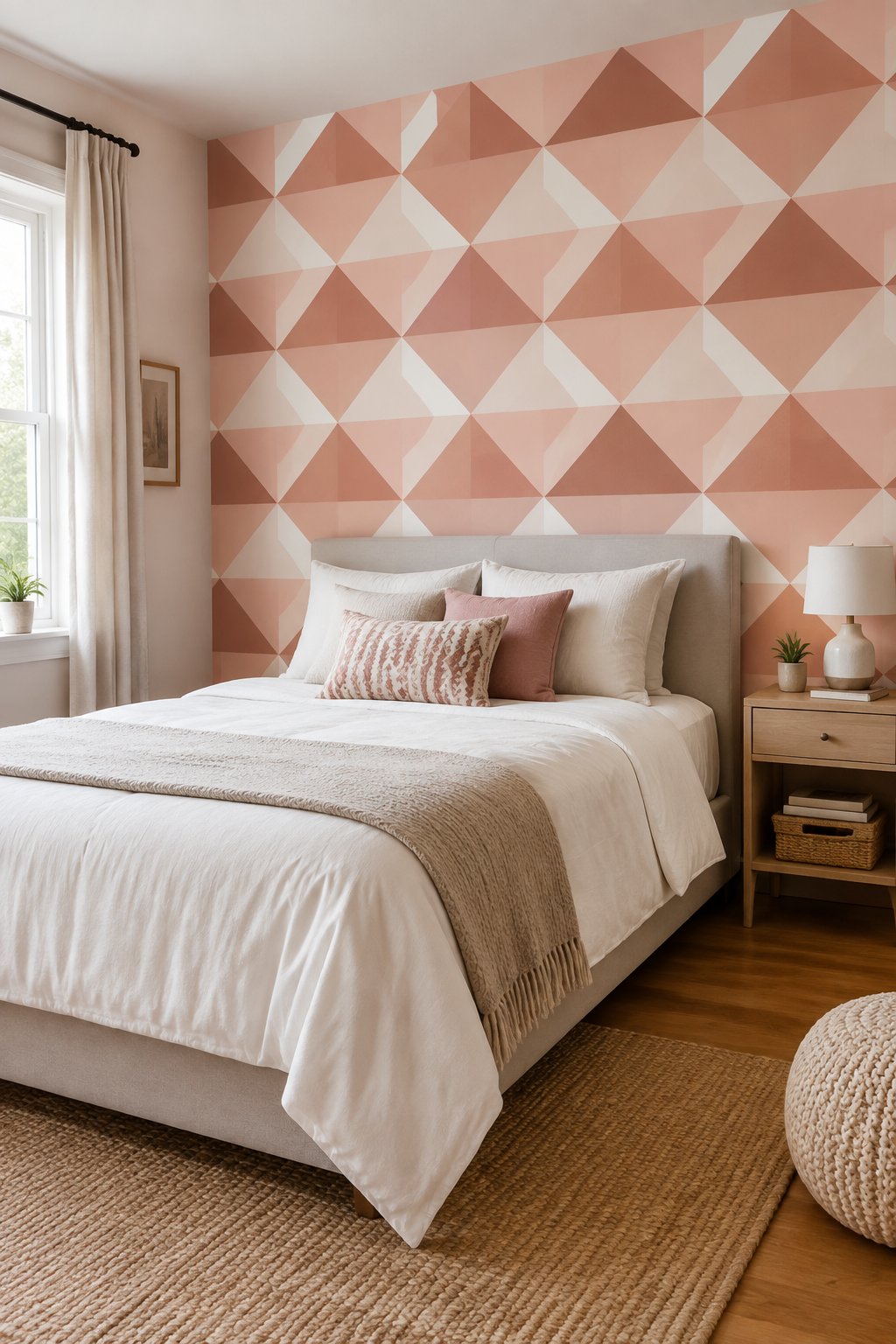 A girl's bedroom with a pink geometric pattern painted on the accent wall behind the bed.