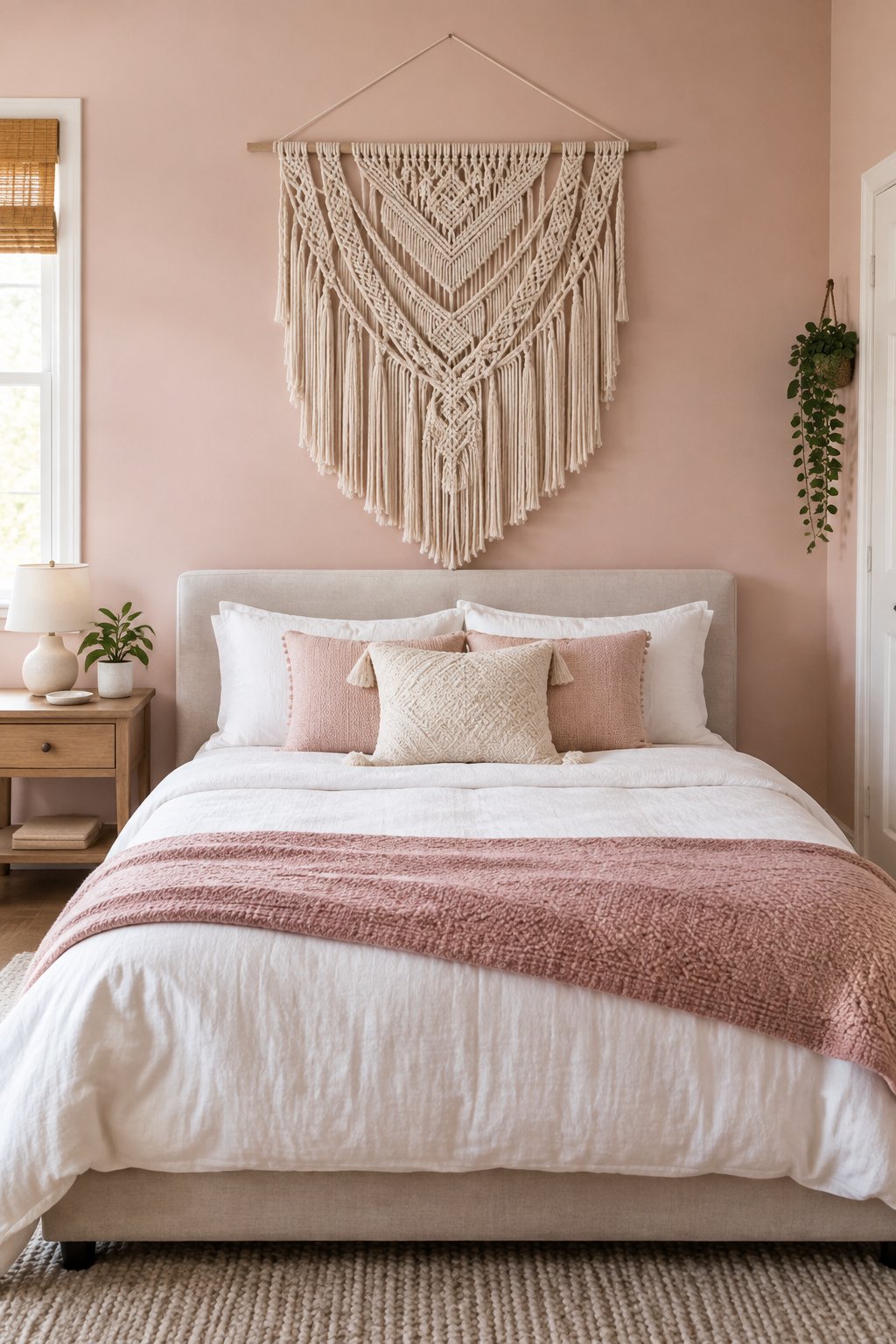A bedroom with a woven wall hanging above a neatly made bed.