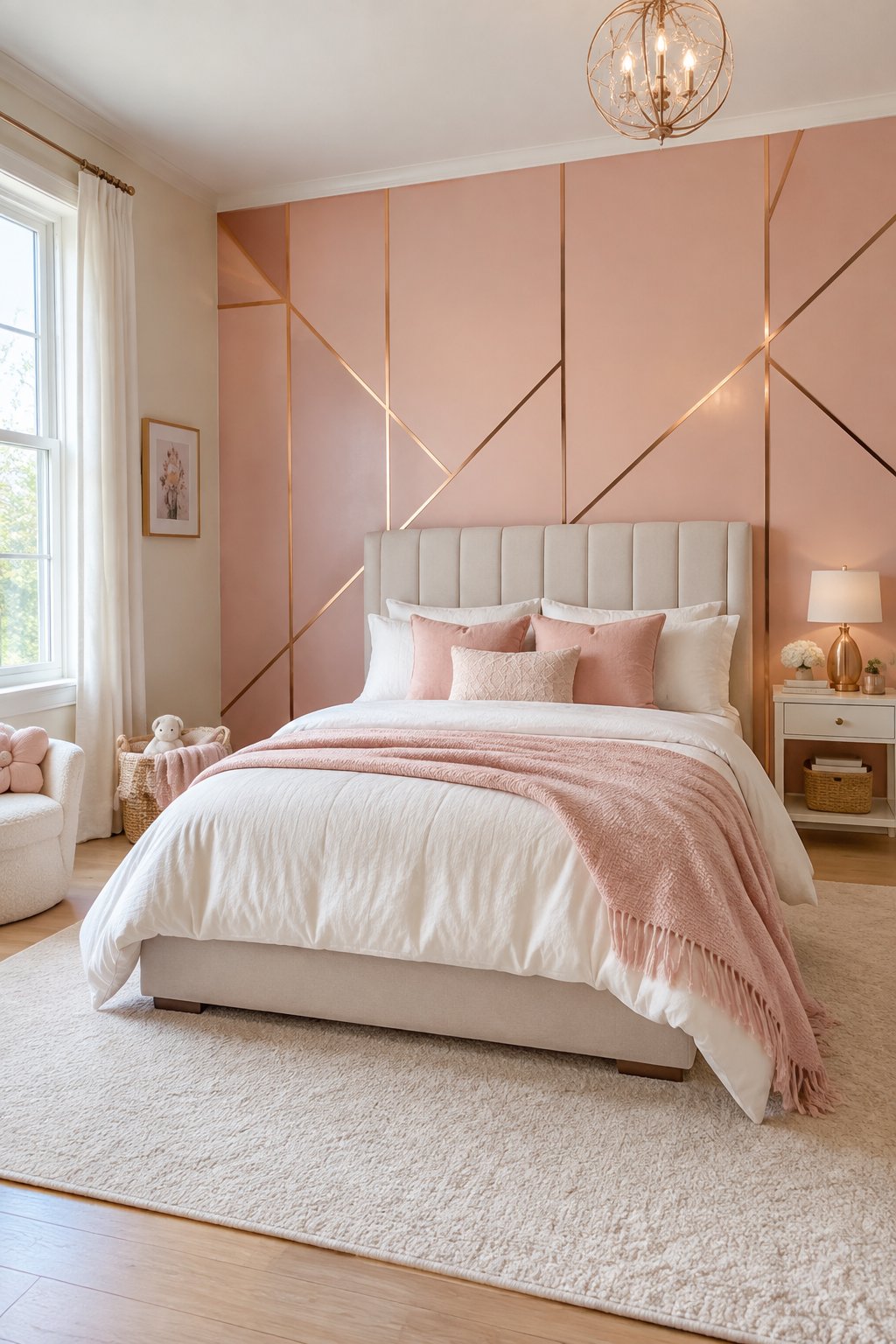A bedroom with a bed beside a pink wall decorated with metallic trim.