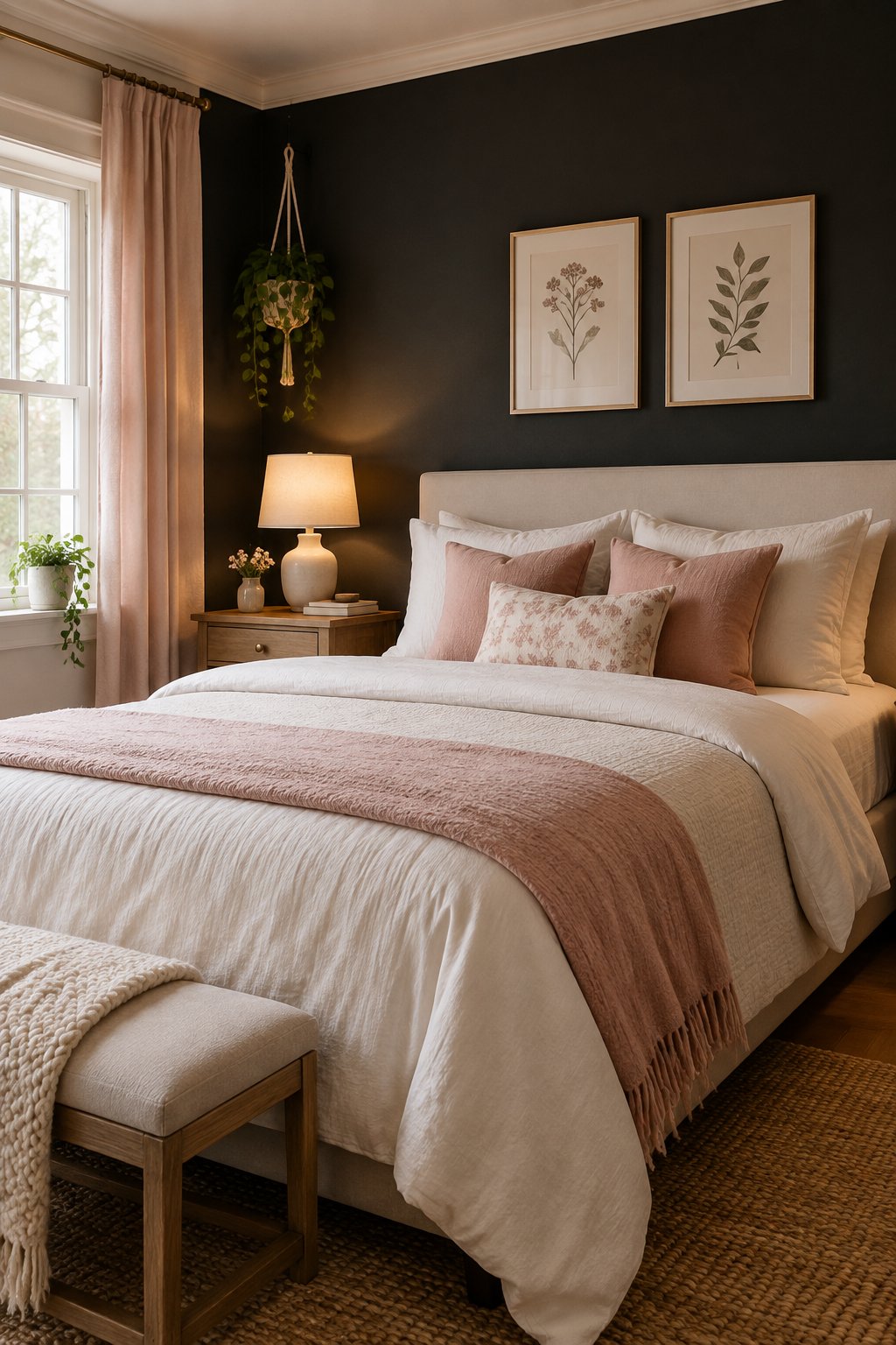A girl's bedroom with a dark accent wall, a neatly made bed, and a bedside table.