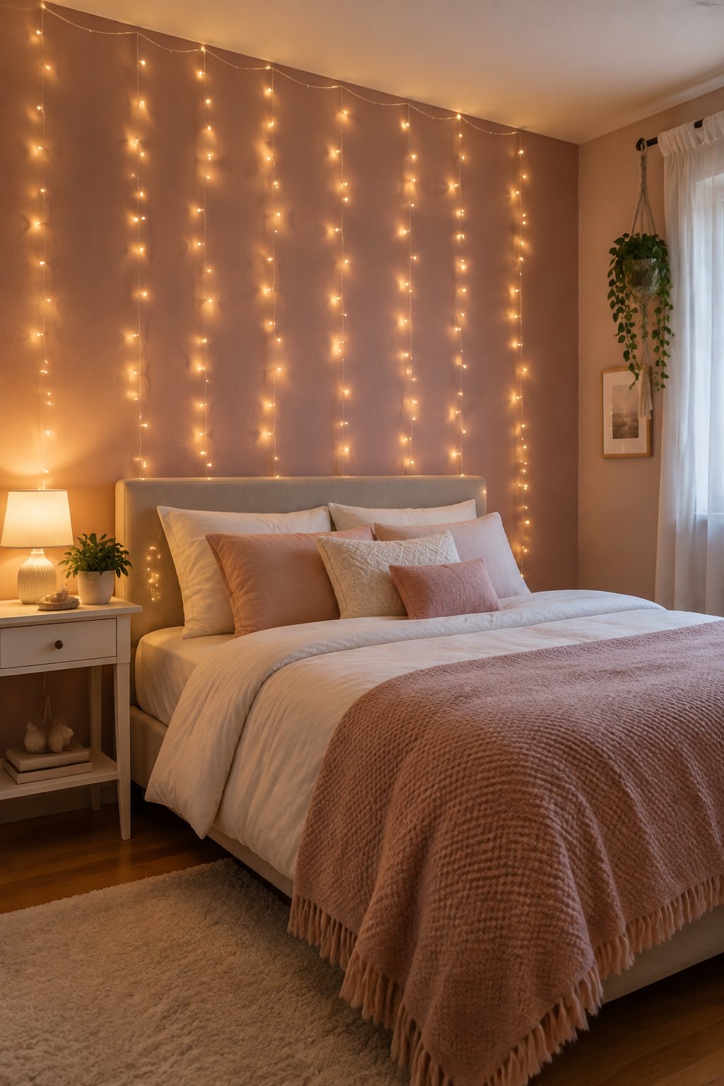A bedroom wall decorated with glowing fairy lights above a neatly made bed.