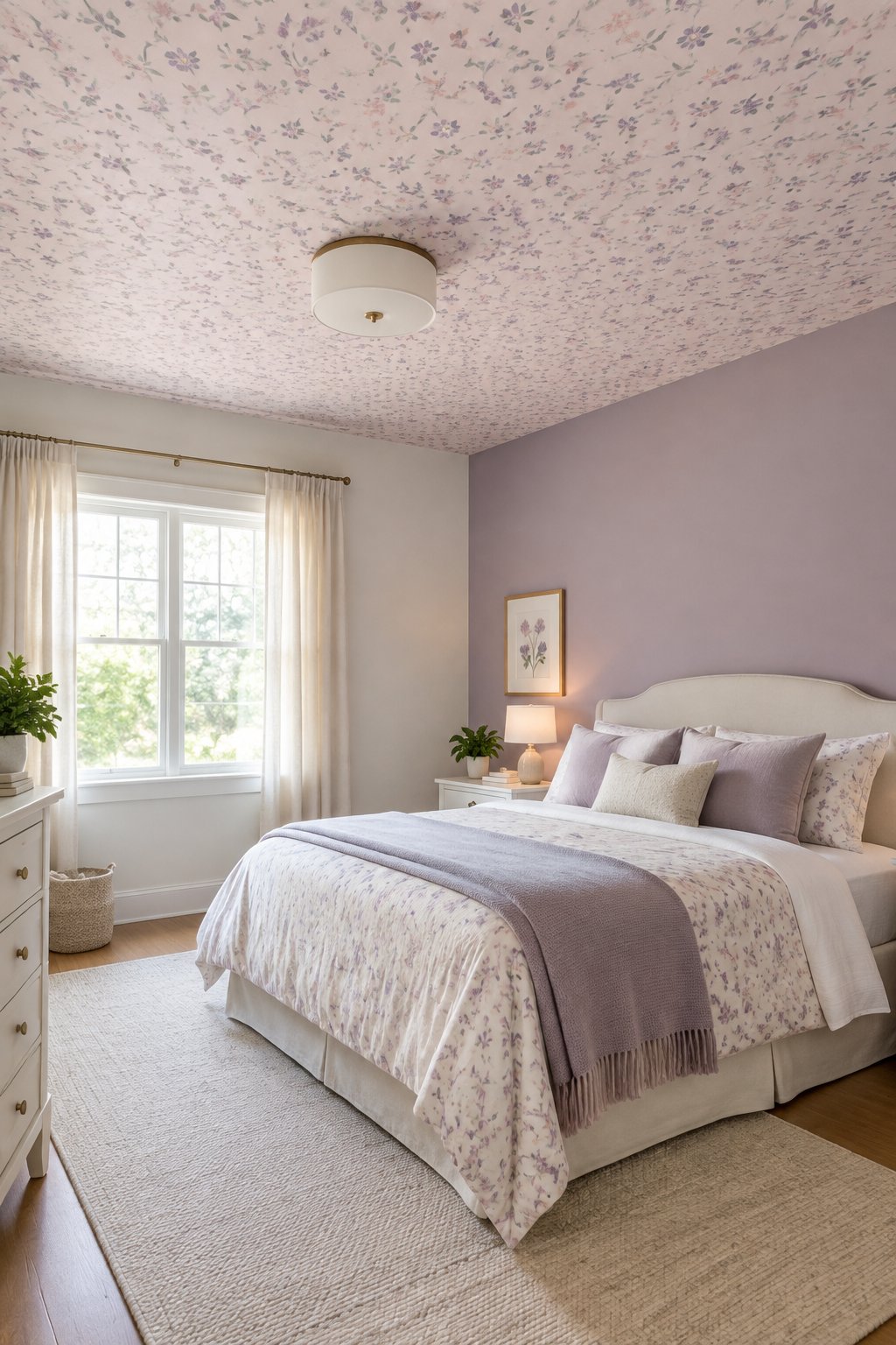 A girl's bedroom with a floral wallpapered ceiling, a plain accent wall, and a neatly made bed.