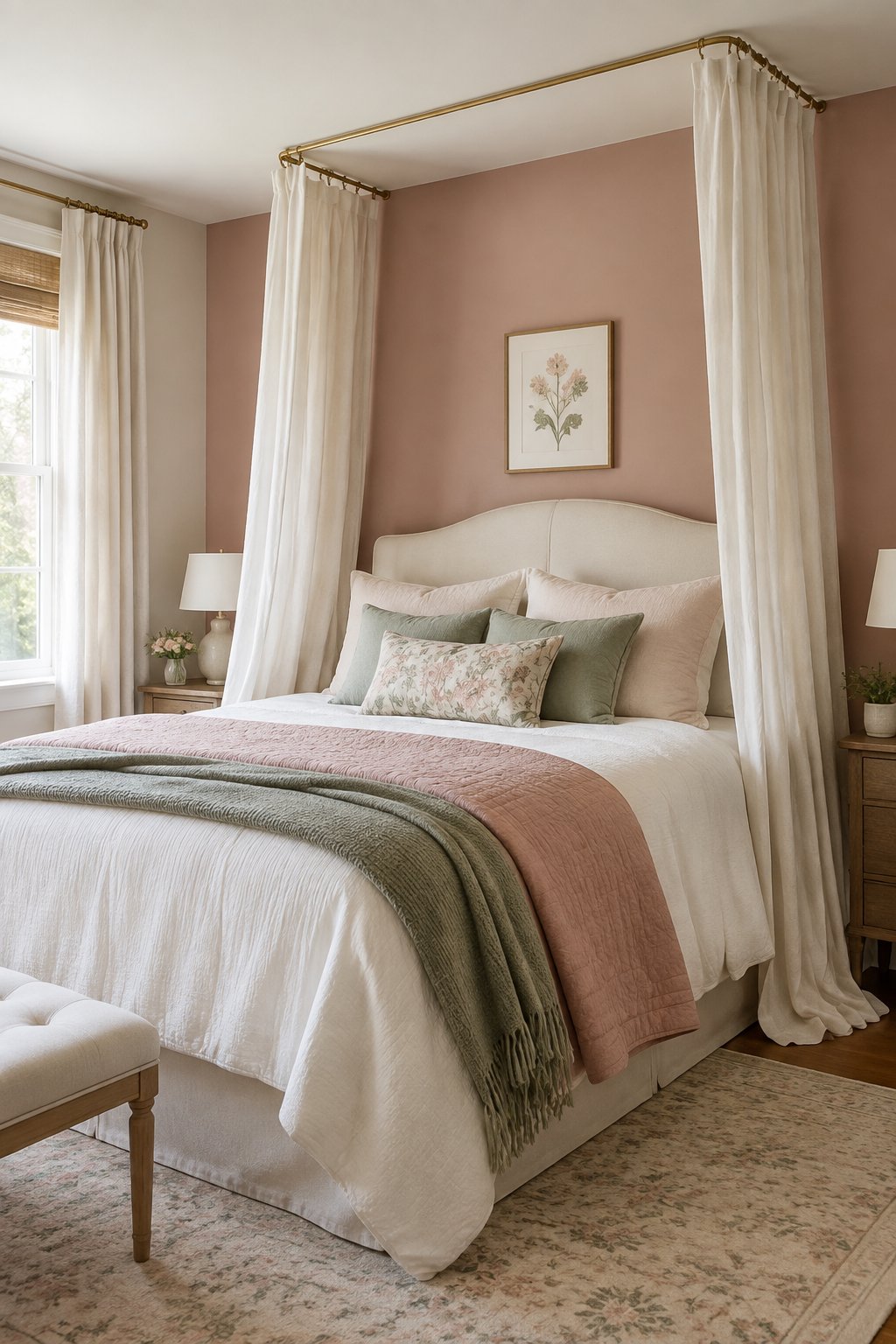 A neatly made bed framed by draped curtains against a bedroom accent wall.