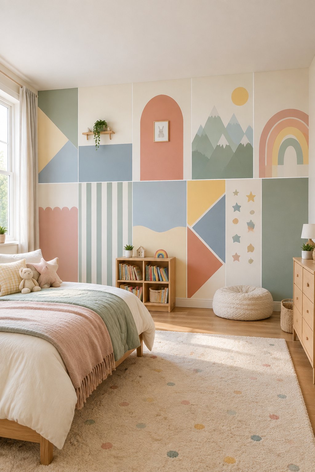 A child’s bedroom with colorful painted patterns on the walls.