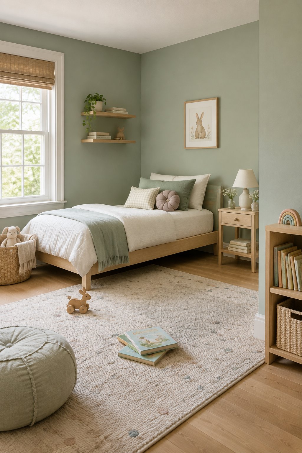 A child’s bedroom with soft sage-green walls, a wooden bed, and colorful toys.
