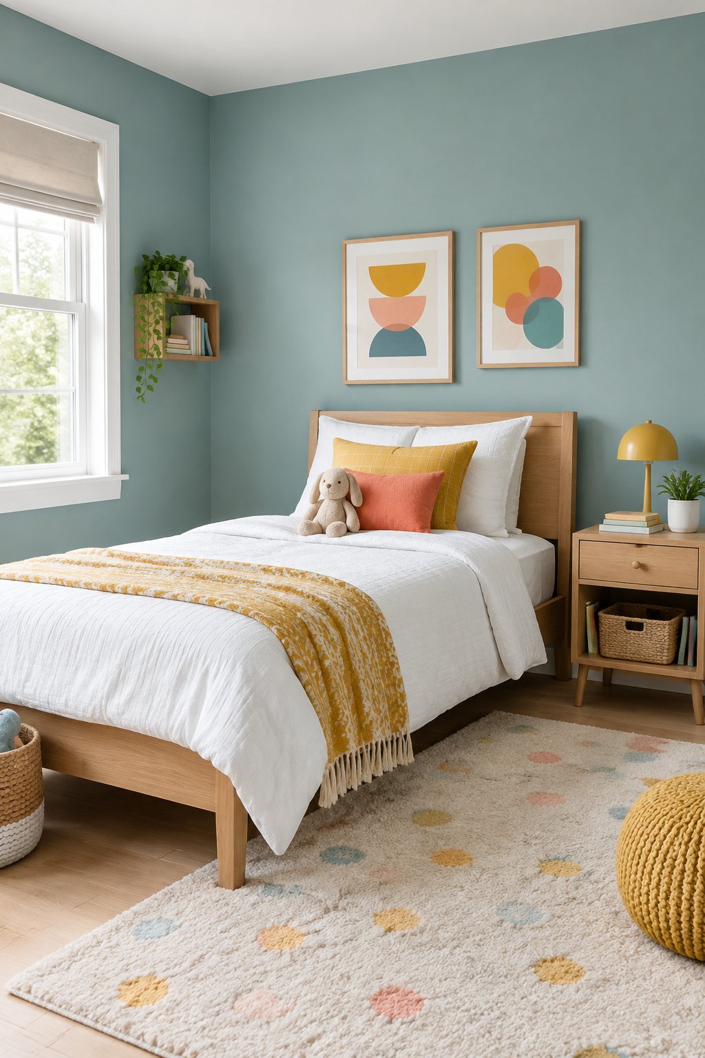 A child’s bedroom with muted aqua-teal walls, a neatly made bed, and simple colorful decor.