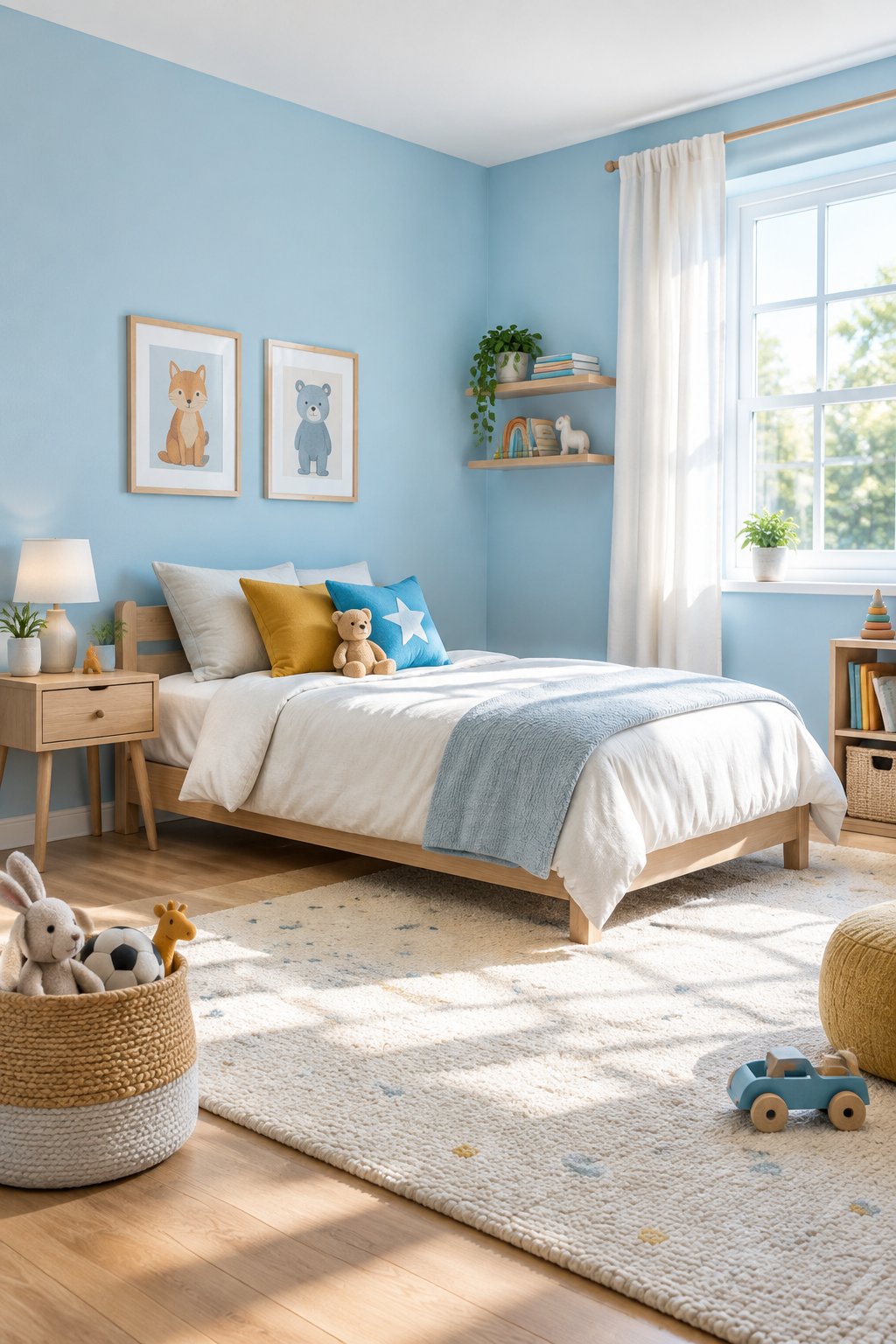 A child’s bedroom with sky-blue walls, a neatly made bed, and a few toys.