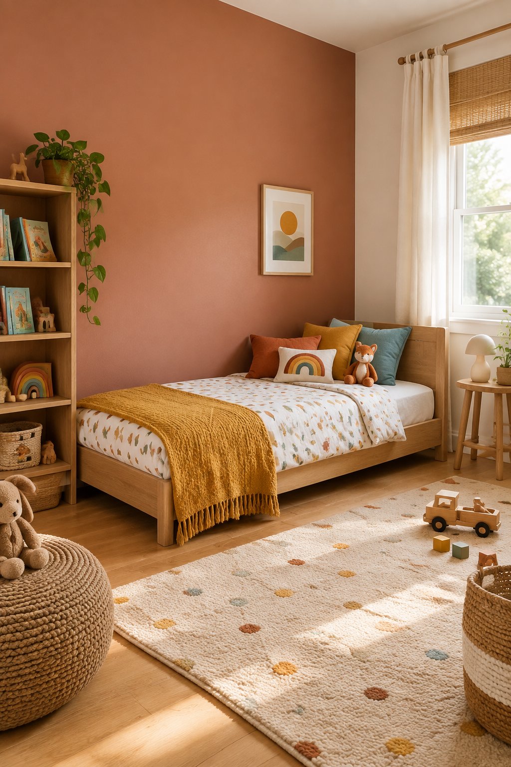A child's bedroom with a terracotta-blush painted wall, a bed, books, and toys.