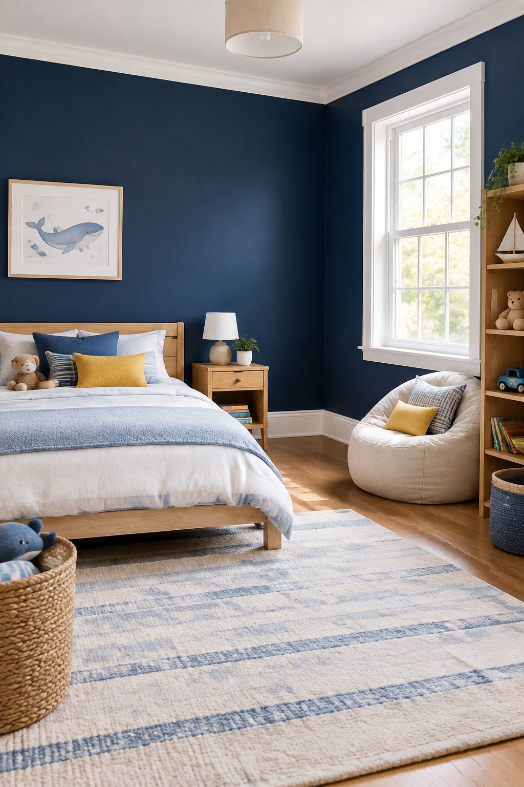 A child’s bedroom with a navy accent wall, white trim, and a neatly made bed.