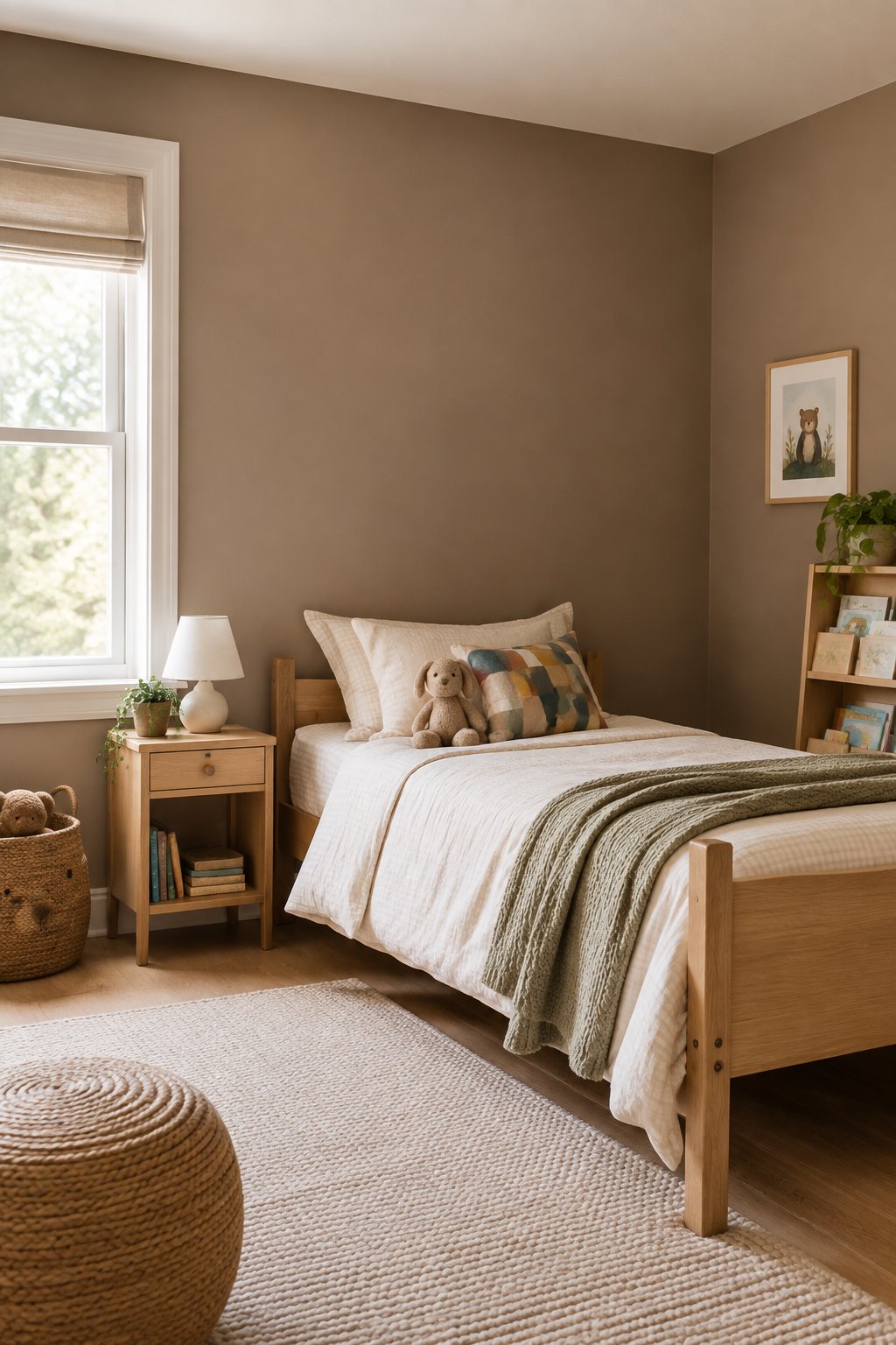 A child’s bedroom with a warm brown wall, a small bed, and wooden furniture.