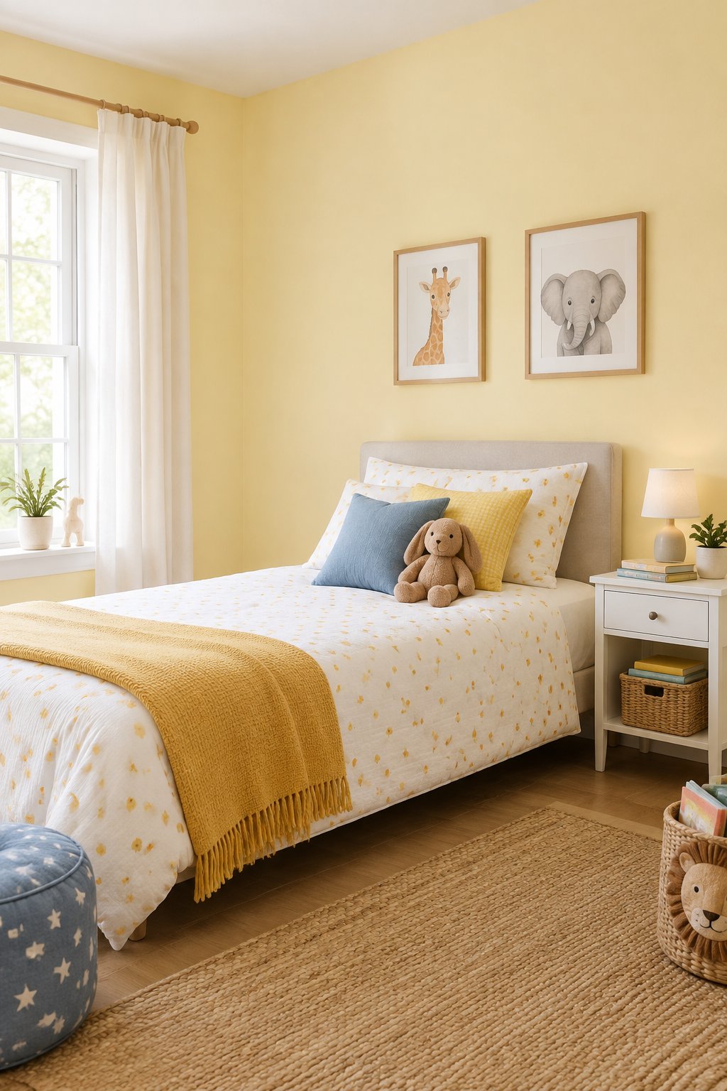 A child’s bedroom with soft yellow walls, a bed, and colorful cushions.