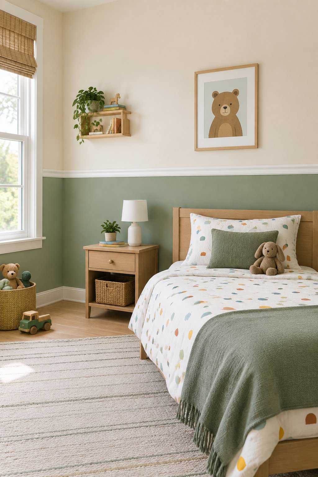 A child’s bedroom with a bed beside a two-tone wall divided by a chair rail.