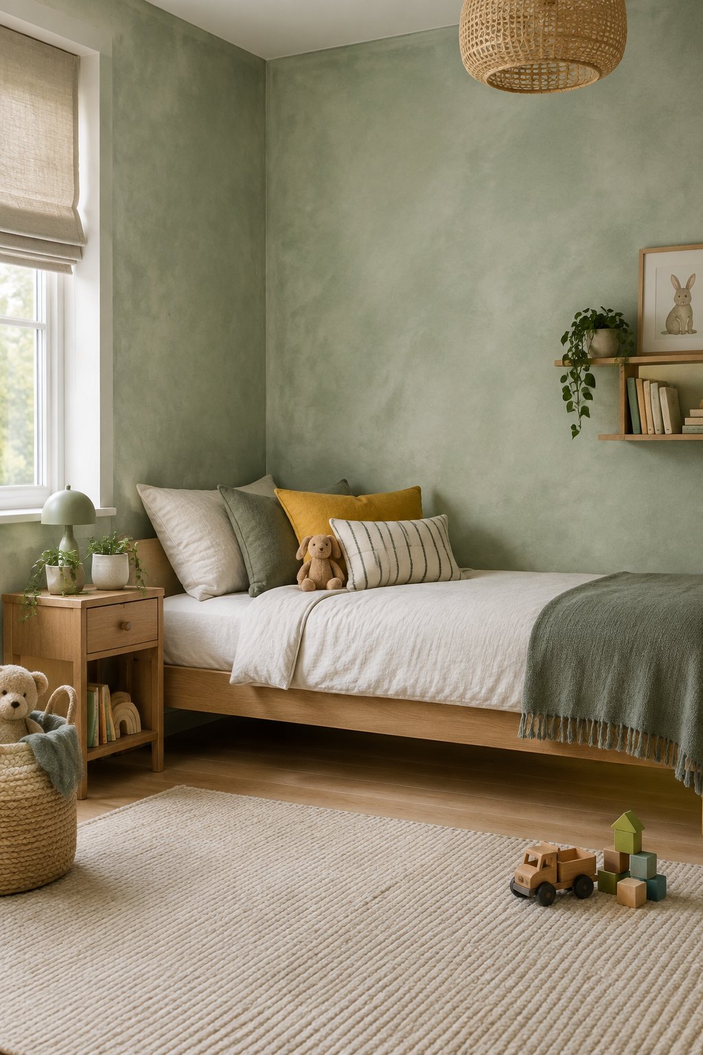 A child’s bedroom with sage-green walls, a wooden bed, books, and toys.