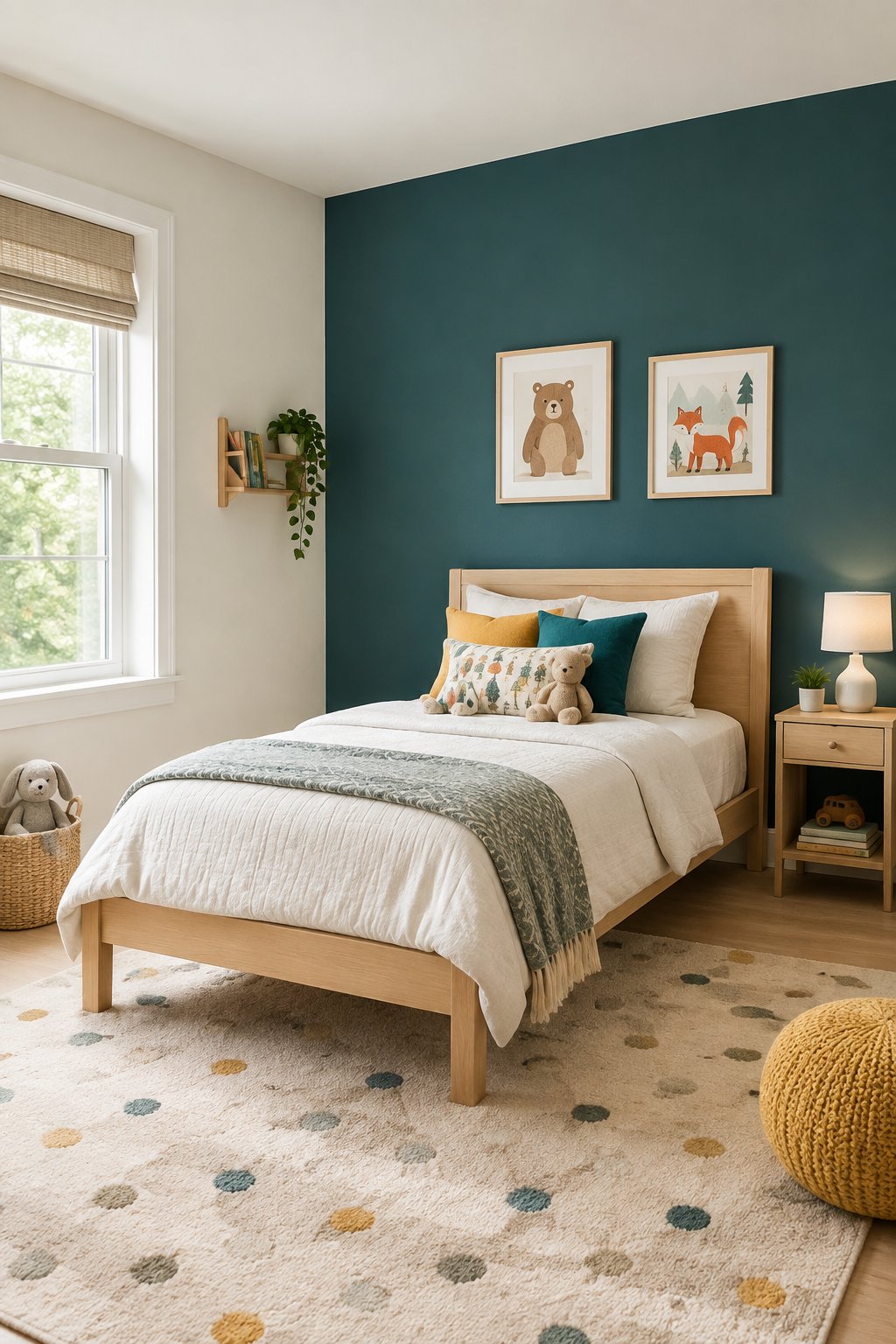 A child’s bedroom with neutral walls and one deep teal accent wall.
