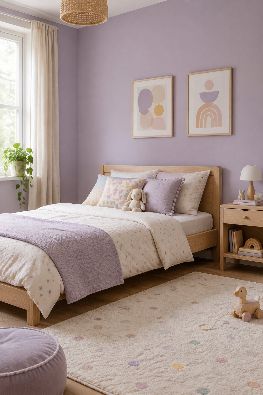 A child’s bedroom with dusty lavender walls, a wooden bed, and toys.
